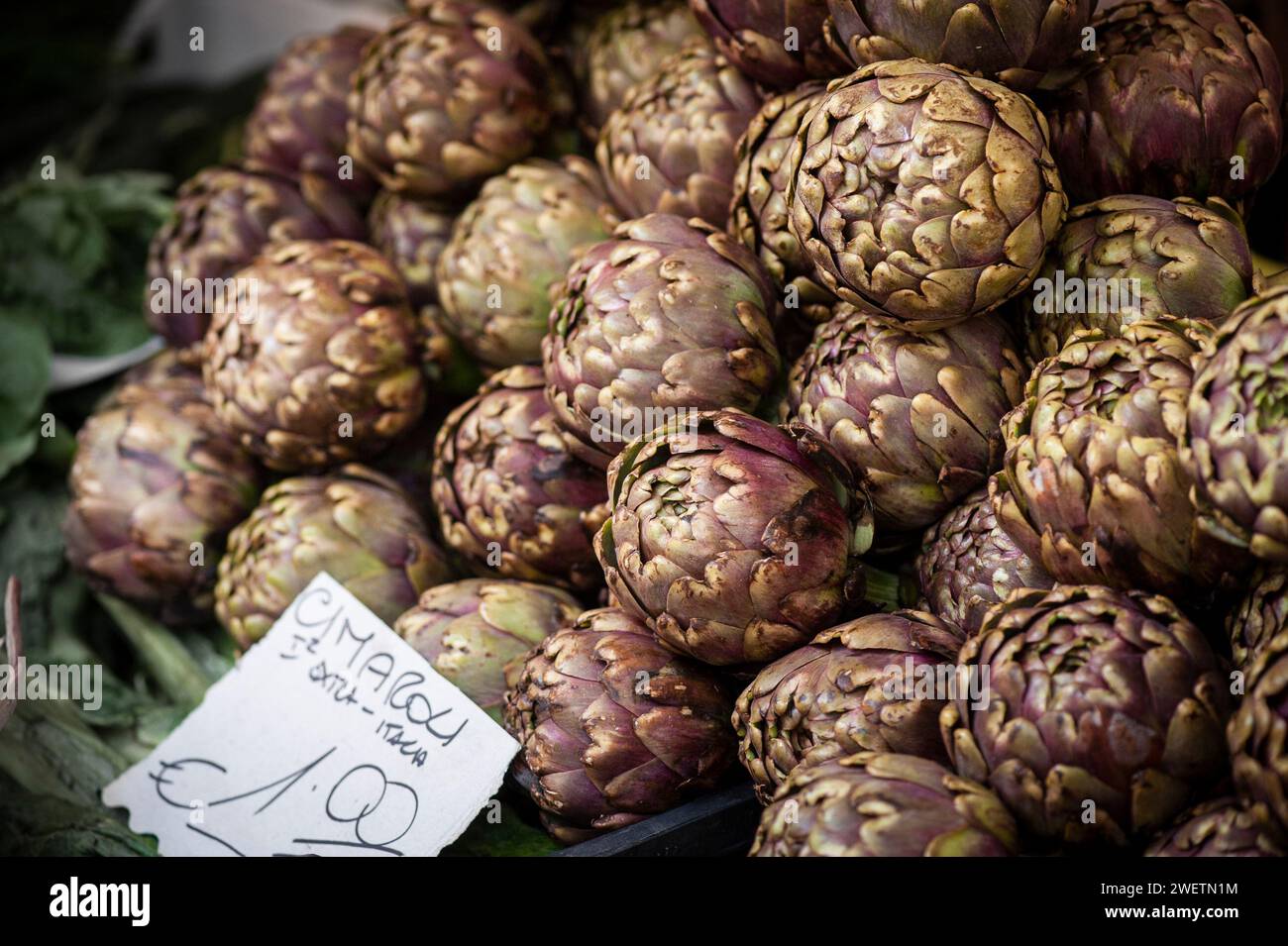 Cimaroli Carcoifi, Artischocken zum Verkauf auf einem Markt in Rom, Italien Stockfoto