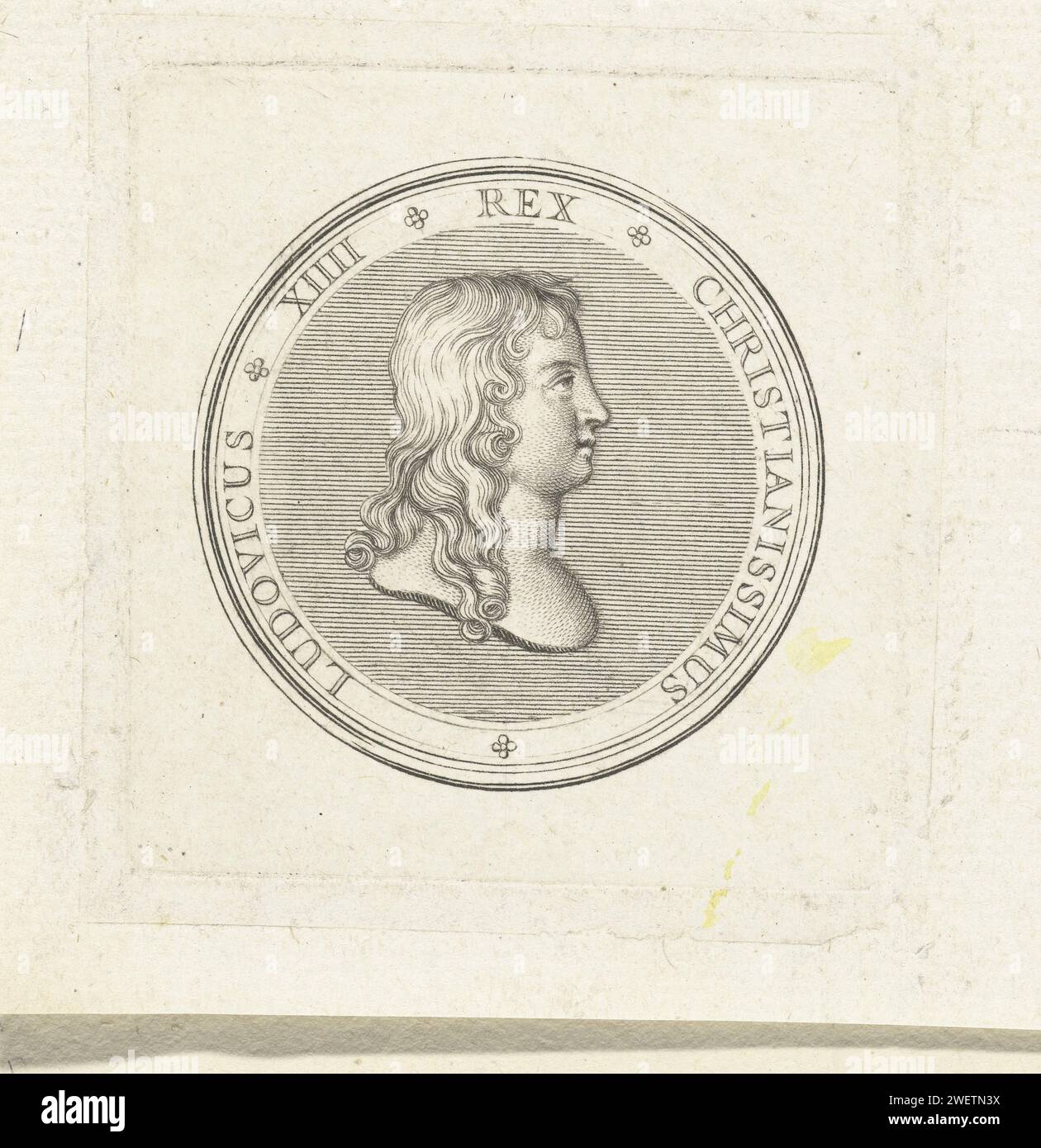 Penning mit Büste Ludwigs XIV., Gerard Edelinck, nach Antoine Coypel, 1702 Druck Vorderseite einer Medaille mit Büste und Profil Ludwigs XIV., erstmals nach der Schlacht von Rocroi 1643 veröffentlicht. Papiergravur Stockfoto