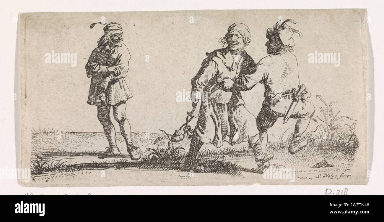 Zwei tanzende Bauern und ein Zuschauer, Pieter Nolpe, nach Pieter Jansz Quast, 1623–1653 drucken Einen Bauern und eine Bäuerin tanzen miteinander. Die Frau hält einen Schlüsselwald und einen Geldbeutel in einer Hand. Der Mann hat einen Dolch am Gürtel. Links sieht ein dritter Bauer zu. Print ist Teil einer Serie mit Szenen aus der Landwirtschaft. Papierätzer. Ein Paar tanzt, Mann und Frau tanzt als Paar Stockfoto