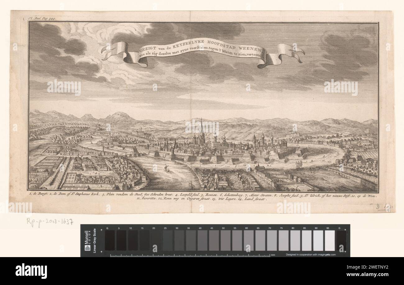 Ansicht von Wien, Anonym, 1751 Druck oben links: IX Teil S. 349. Papierätzung / Gravur Aussicht auf die Stadt, Stadtpanorama, Silhouette der Stadt Wien Stockfoto