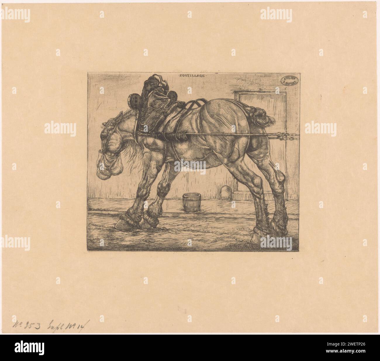 Zugpferd mit Haferbeutel, Pieter Dupont, 1900 Druck das Pferd befindet sich neben einem Bürgersteig. Eine Futterschaufel auf dem Gehweg. Papierätzpferd. Straße Paris Stockfoto