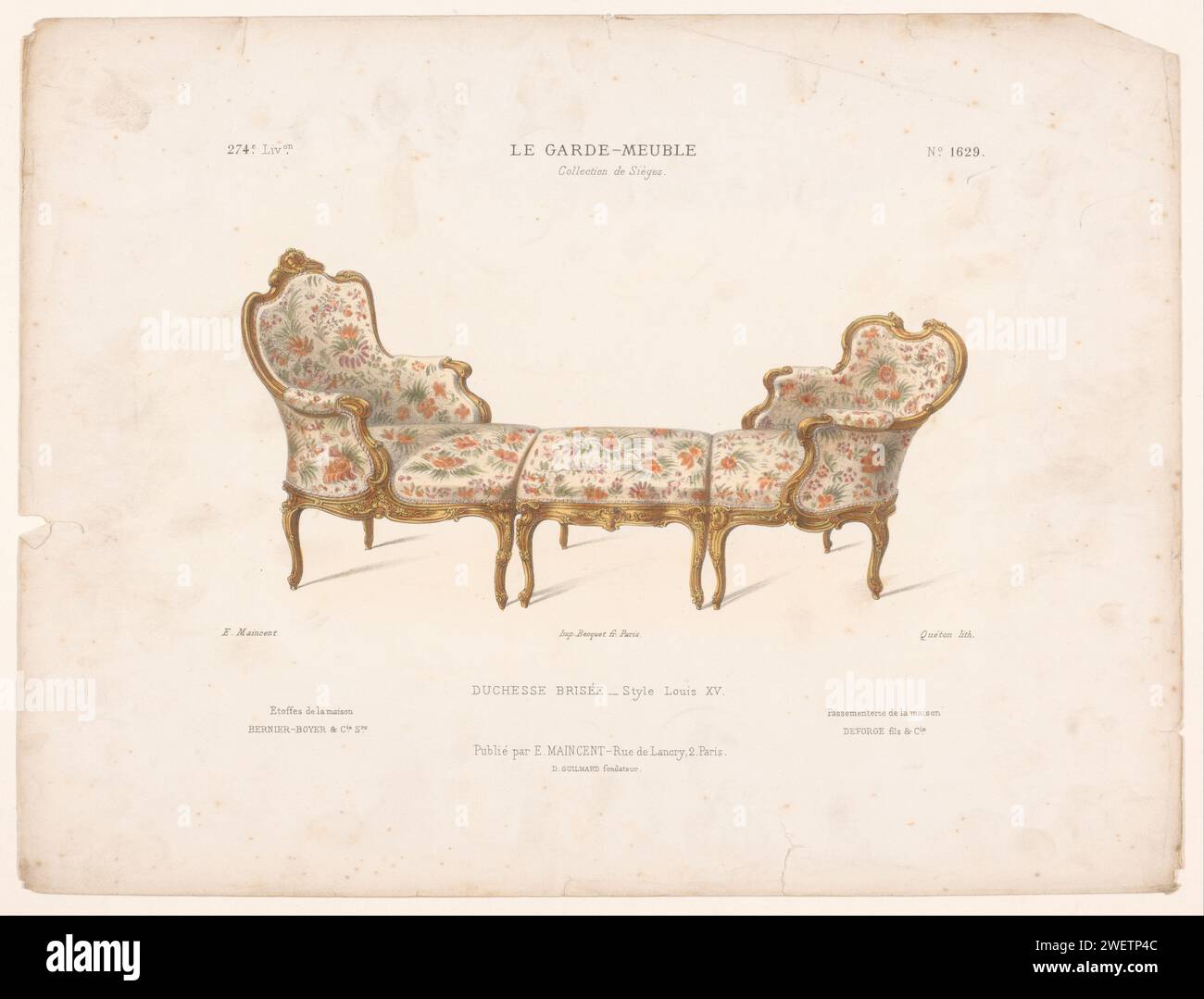 Langer Stuhl, Quéton, 1885 - 1895 drucken Eine Chaiselongue aus drei Teilen. Drucken Sie aus dem 274. Livraison. Papiermöbel Stockfoto