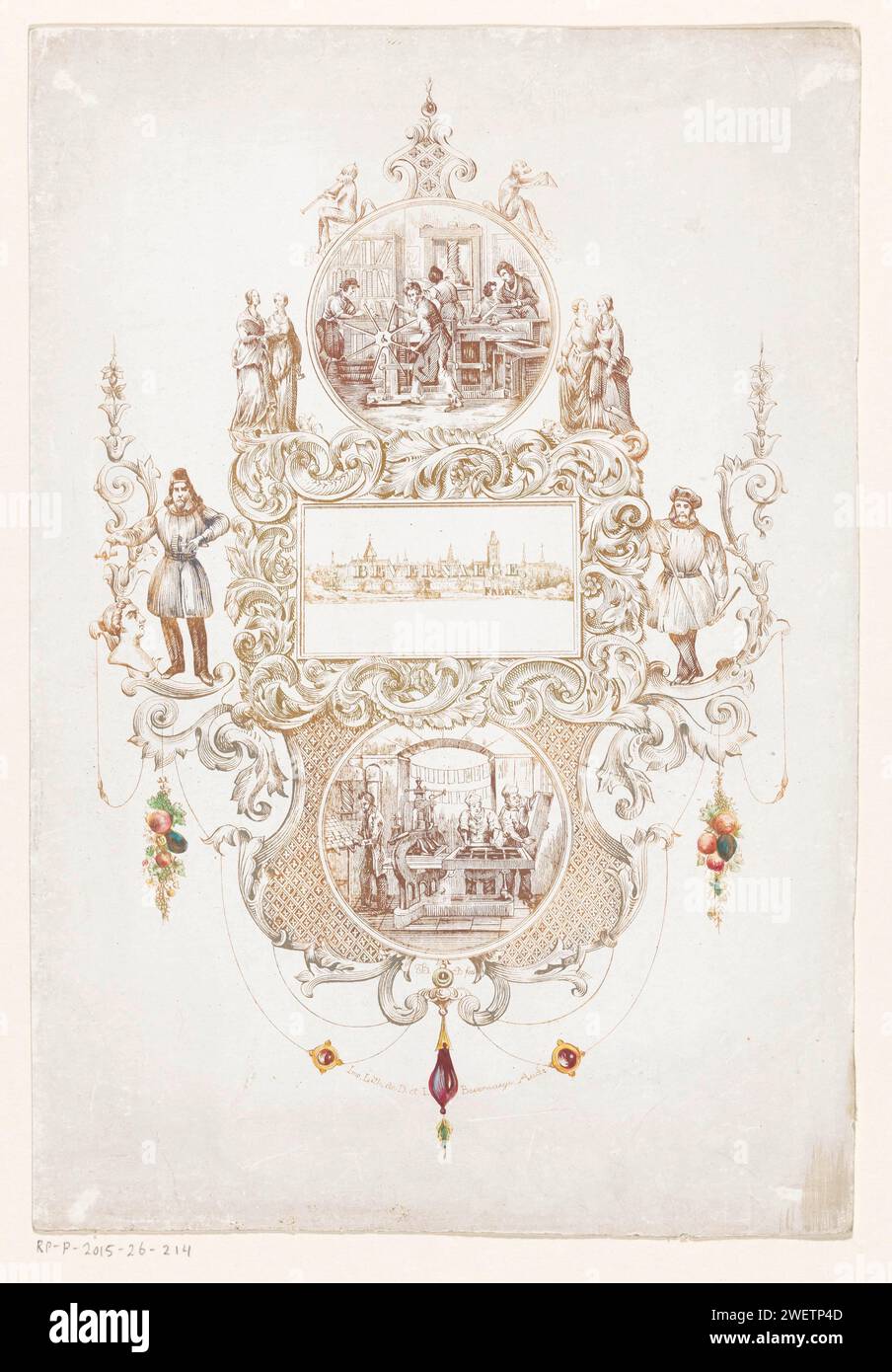 Visitenkarte von Drukkerij Bevernage Frères in Oudenaarde, ca. 1850 Druck. Porzellankartusche mit einer runden Kartusche oben mit fünf Personen in einer Druckerei, in der Mitte eine rechteckige Kartusche mit einem Gesicht auf Oudenaarde, darunter eine runde Kartusche mit zwei Druckern und einem Briefsetzer. Außerdem ein Bildhauer und ein Maler, weibliche Figuren, ein Affe mit Dreieck und ein Affe mit Flöte. . Druckmaschine. Affen, Affen. Lithograf Oudenaarde Stockfoto