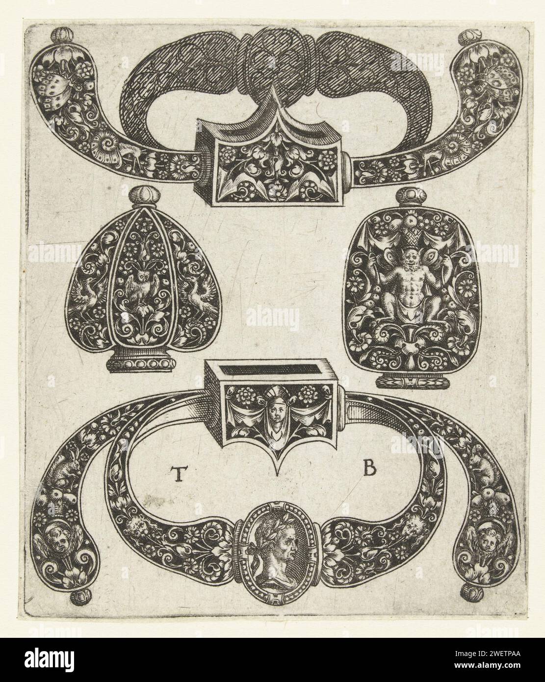 Pare Stangen mit Pare Ringen, 1538 - 1598 Druck in der Mitte zwei Knöpfe für Dolche. Der Knopf auf der linken Seite ist sechseckig und mit Vögeln in Blattreben verziert. Die Dekoration des Knopfes rechts besteht aus einem gehockten satar mit einem Obstkorb auf dem Kopf. Gehört zur Serie von 4 Blättern. Papiergravur Stockfoto