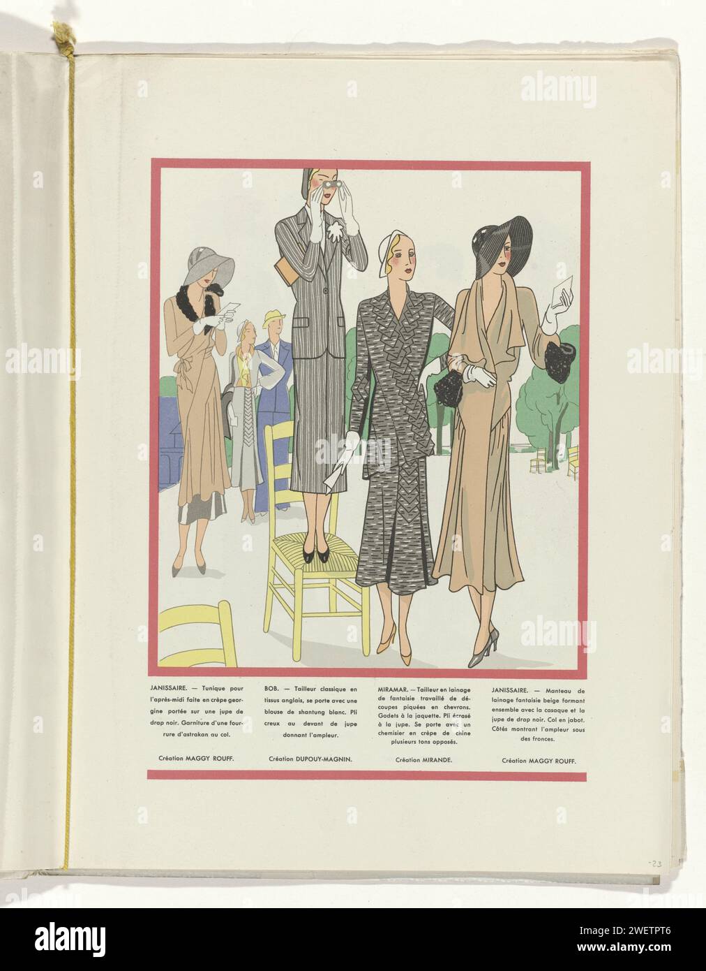 Kunst - Geschmack - Schönheit, weibliche Eleganz Blätter, Mai 1931, Nr. 129, 11. Jahr, S. 23, Anonym, Zeitschrift 1931 Einige Frauen im Pferderennen, von denen eine auf einem Stuhl mit Fernglas steht. Sie zeigen Kreationen von Maggy-Rouff, Dupuy-Magnin und Mirande. Von links nach rechts: „Janissaire“: tunika vor Mittag mit Astrakankragen; „Bob“: Klassischer Anzug mit Shantung-Bluse; „Miramar“: Mantelanzug aus Wolle mit einem bekannten Rock; „Janissaire“: Beiger Mantel, der zur Tunika gehört. Seite aus dem Modemagazin Art-Goût-Beauté (1920-1933). Papierteller. Ensembles von Kleidungsstücken Stockfoto