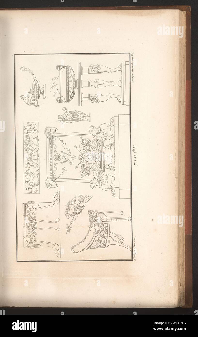 DIVERSE ORDERENTS, Cécile BeauValt, 1820 Ornament Print mit verschiedenen Ornamenten, darunter Stuhl, Tisch, Altar, Öllampe. Teil (7. CAH. F.LE 3) des Prentalbums mit zwei Serien von insgesamt 138 Ornamentdrucken von Beauvallet und Normand, Fragmens d'Ortuens Dance le style antique. Papier-Ätzschmuck  Kunst, Möbel und Haushaltsgegenstände Stockfoto