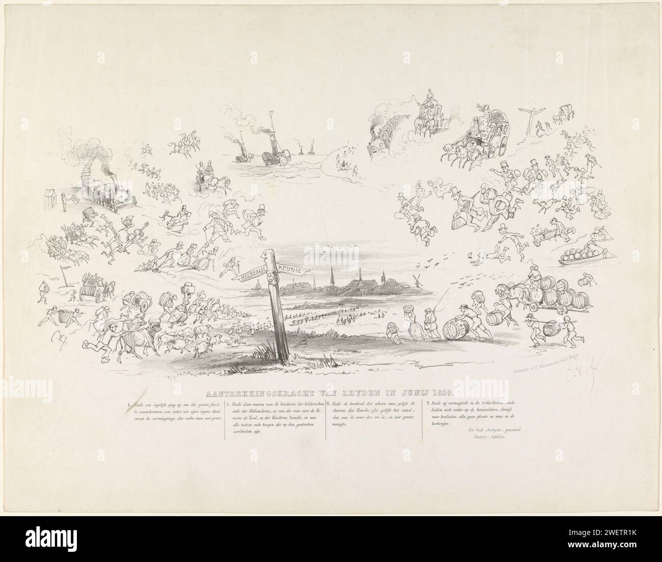 Cartoon aus Leiden Student Almanac, 1851, 1851 Print Cartoon aus dem Student Almanach der Universität Leiden des Jahres 1851. Von allen Seiten fahren die Menschen in Richtung Leiden. Zeichentrickfilm zur Maskerade und Wiedervereinigung ehemaliger Schüler zur Feier des 275. Jahrestages der Hogeschool. Das Leben der Papierstudenten. Gedenkfeier zur Gründung einer Universität Leiden Stockfoto