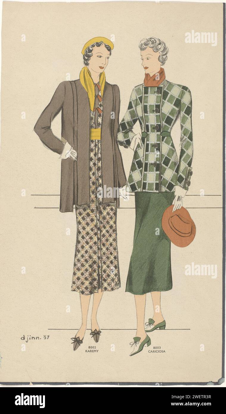 Zwei Frauen: 8002 Karemy / 8003 Cariciosa, 1937 zwei verschiedene Ensembles, genannt Karemy (8002) und Cariciosa (8003). 8002: Braune Jacke auf einem karierten Kleid in braun/gelb/rot. Gelber Hut und Schal. Braune Schuhe mit Schleife. 8003: Karierte Jacke in Gemüsefarben, mit Transfer, geschlossen mit fünf großen Knöpfen. Zwei Ditto-Knoten an den Manschetten. Dunkelgrüner Rock. Roter Schal und Hut. Zweifarbige Schuhe mit Fersen und Schleifen. Verso: Zwei Ensembles namens Carolina (8000) mit Gürtel (1063) und Rica-Tipa (8001). Das Modeschmuck stammt aus einem Katalog. Papierteller. Mantel (+ Damenkleidung). Kopf – Zahnrad: Stockfoto