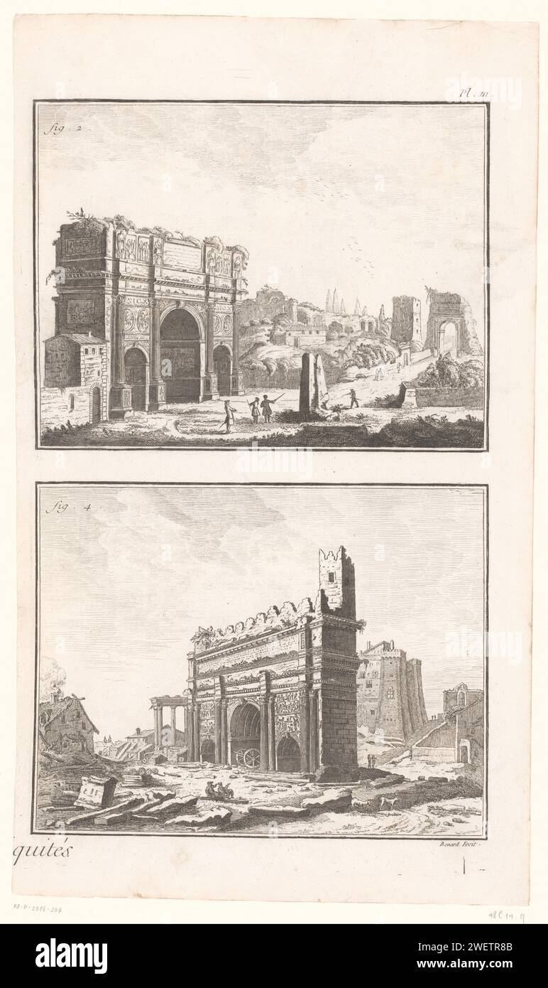 Landschaften mit Ruinen, Robert Benard, 1777 Druck nummeriert in der oberen rechten Seite. III Papierätzung / Buchdrucklandschaft mit Ruinen - II - ideale Landschaften. Triumphbogen Stockfoto