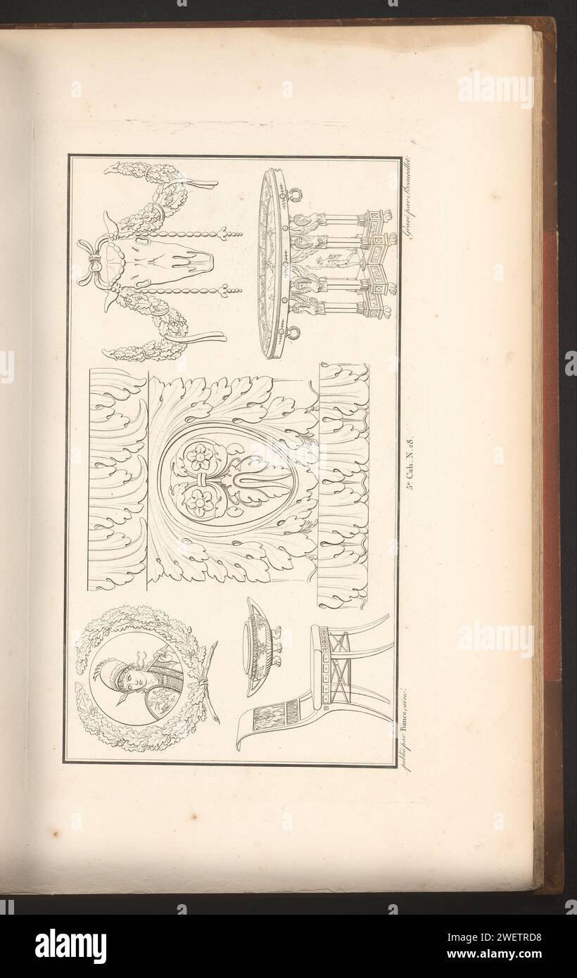 Verschiedene Möbel, Pierre-Nicolas Beauvallet, 1820 Ornamente mit verschiedenen Möbeln. Teil (5. CAH. N. 28) des Prentalbums mit zwei Serien von insgesamt 138 Ornamentdrucken von Beauvallet und Normand, Fragmens d’Ortuens Dans Le Style Antique. Dekorative Möbel und dekorative Möbel Stockfoto