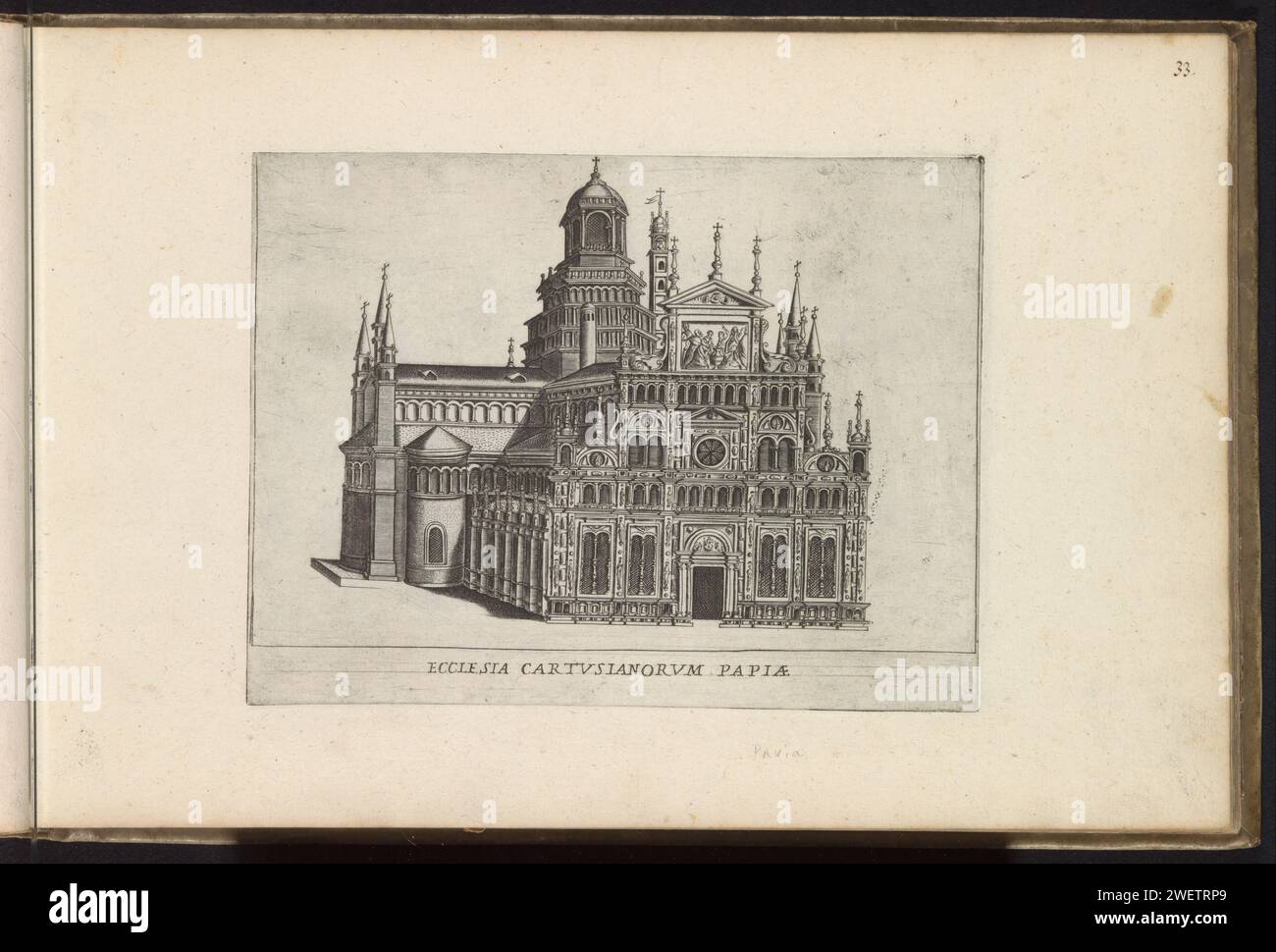 Certosa di Pavia, Giacomo Lauro, 1638 drucken Ansicht der Kirche des Klosters Certosa di Pavia in der Lombardei. Drucken ist Teil eines Albums. Papierätzkirche (außen) Certosa di Pavia Stockfoto