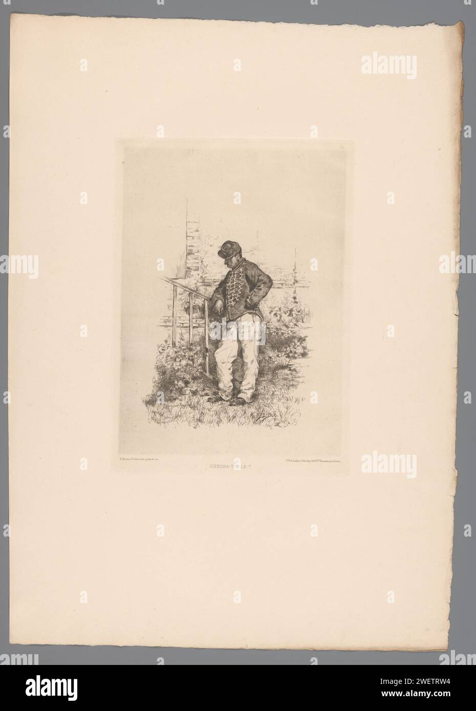 Waiting Soldier, Etienne Prosper Bern-Bellecour, 1879 Druckpapier Ätzen / Trockenpunkt der Soldat; das Leben des Soldaten. Ein Liebhaber wartet auf den anderen Stockfoto