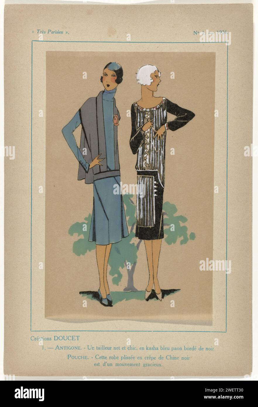 Sehr Pariser, 1926, Nr. 1, pl. 1: Creations Doucet - Antigone, 1926 links: Schicker blauer Anzug; rechts: Kleid mit Falten aus Crêpe de Chine. Druck aus dem Modemagazin Très Parisien ... La Mode, Le Chic, L'élégance (1920-1936) Papier, Buchdruck Mode Teller. Kleid, Kleid: Tageskleid (+ Damenkleidung). Ensembles von Kleidungsstücken (TAILLEUR) (+ Damenkleidung) Stockfoto
