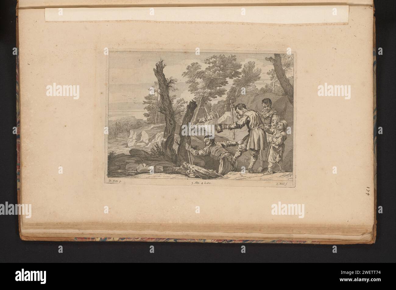 Blinde führen die Blinden, 1660 Abdruck Gleichnis der Blinden. Eine Reihe blinder Bettler verläuft in Richtung Graben oder Fluss. Die Front fällt ein, danach folgt der Rest. Dieser Ausdruck ist Teil eines Albums. Papier, das die Jalousie führt (Matthäus 15:14) Stockfoto