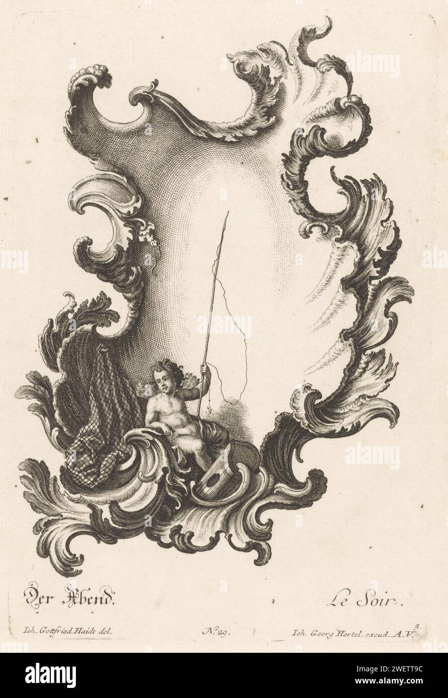 Abend, 1745 Druck Personifikation des Abends in einer Rocaillenkartusche. Unten ist ein Putto mit Stab. Veröffentlichungsnummer 29. Papierätzung Personifikation des Abends, "Vesper". Cupiden: „amores“, „amoretti“, „Putti“ Stockfoto