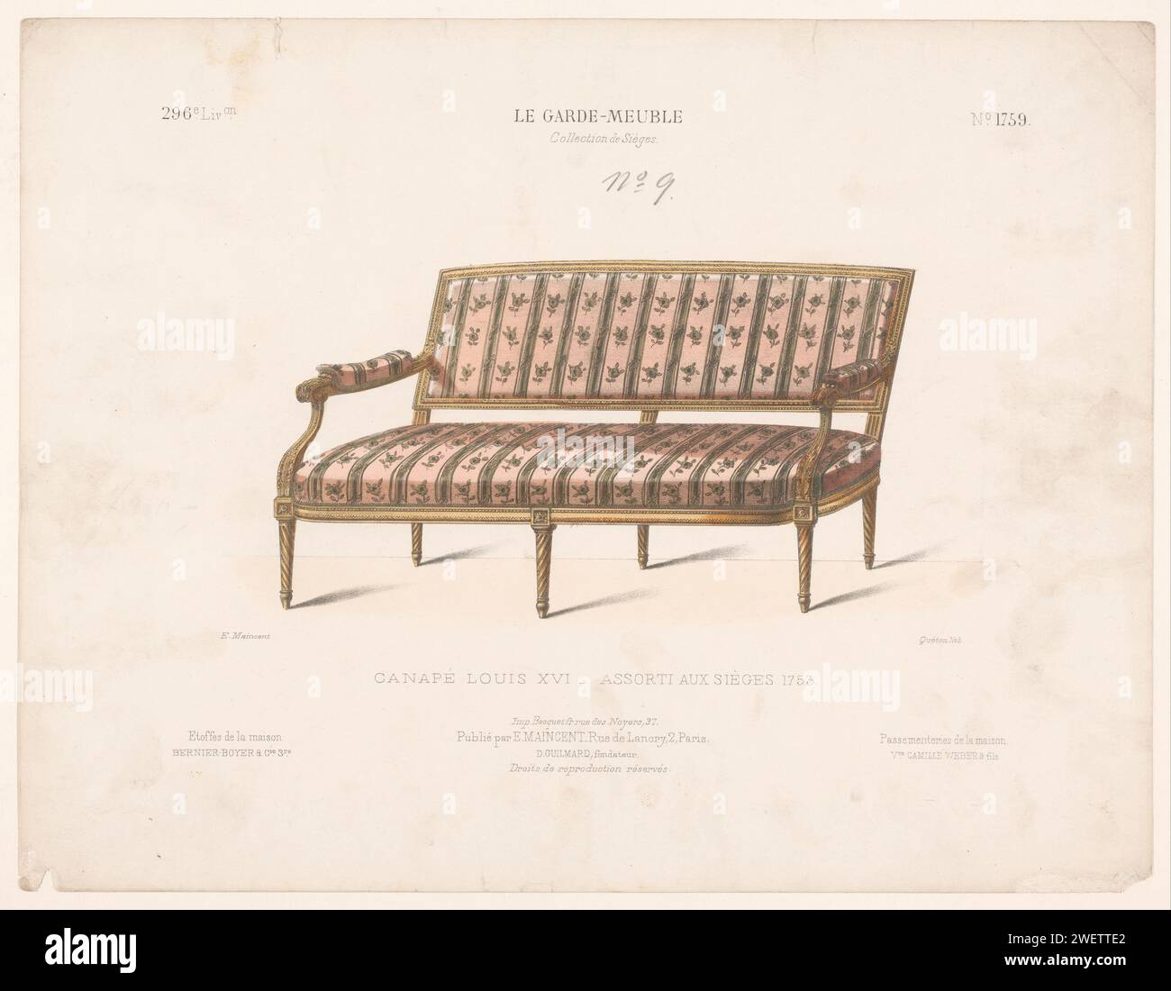 Sofa, Quéton, 1885 - 1895 Drucken Eines Canapés im Stil Louis XVI. Drucken Sie aus dem 296. Livraison. Papiermöbel Stockfoto