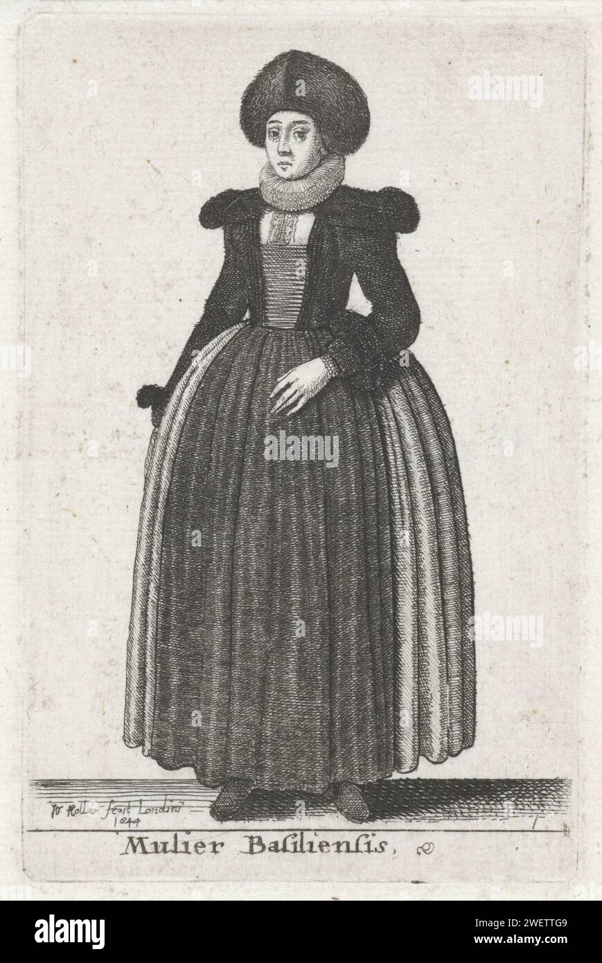 Basiliensis Frau, Wenzel Hollar, 1644 Frau aus Basel. Mit Pelzmütze und schmaler Doppelfalte. Ricker mit rechteckiger Halskette und eng anliegenden Ärmeln mit Pelzbündchen. Ein extra Pass mit Pelz an den Schultern. Das Hemd hat einen Schlitz mit Spitze in der Mitte. Gezackter Knöchel - langer Rock, über dem dunkel ist. Papierätzkopf: Kappe (+ Pelz für Kleidung). Kopfbedeckung: Kappe (+ Damenbekleidung). Nackenbekleidung  Kleidung (mit NAMEN) (+ Damenbekleidung) Basel Stockfoto