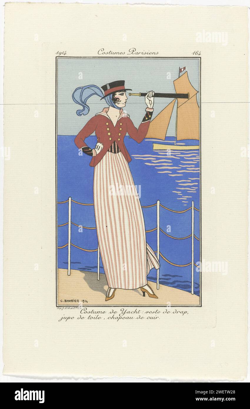 Journal of Ladies and Fashion, Pariser Kostüme, 1914, Nr. 164: Yachtkostüm (...), 1914 Frau im Kostüm für ein Vergnügungsschiff: Jacke von Laeken auf einem Rock aus gestreiftem Canvas. Ledermütze. Fernglas in der Hand. Ein Segelschiff im Hintergrund. Druck aus dem Modemagazin Journal des Dames et des Modes (1912-1914). Papiergravur von Modetafeln. Rock (+ Damenkleidung). Kopfbedeckung: Hut (+ Damenbekleidung). Kopfbedeckung: Hut (+ Leder für Kleidung). Mantel (+ Damenkleidung). Ferngläser, Spionageglas usw. Segeln (Sport) (+ Ausrüstung, Ausrüstung (Sport, Spiele usw.)) Stockfoto