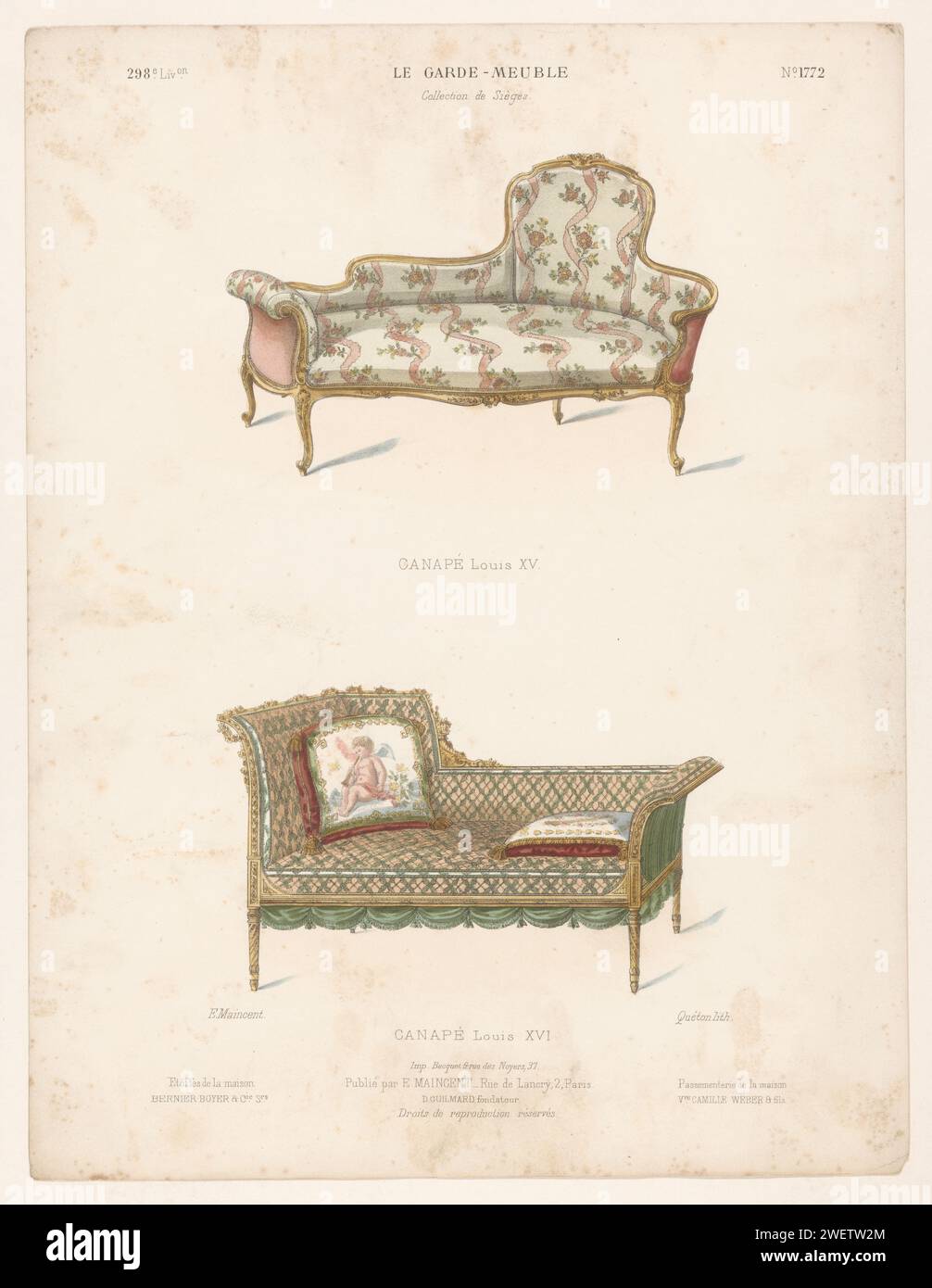 Twee-Sofas, Quéton, 1885 - 1895 bedrucken zwei Canapés im Stil von Louis XV und Louis XVI Drucken Sie aus dem 298. Livraison. Papiermöbel Stockfoto