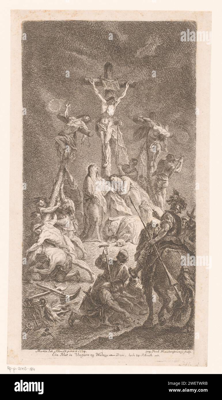 Christus am Kreuz, Paul Haubenstricker, nach Martin Johann Schmidt, 1779 Druckpapier, das umfassende Darstellungen der Ereignisse auf Golgatha während des Hängens Christi am Kreuz graviert, kein besonderes Ereignis hervorgehoben Stockfoto