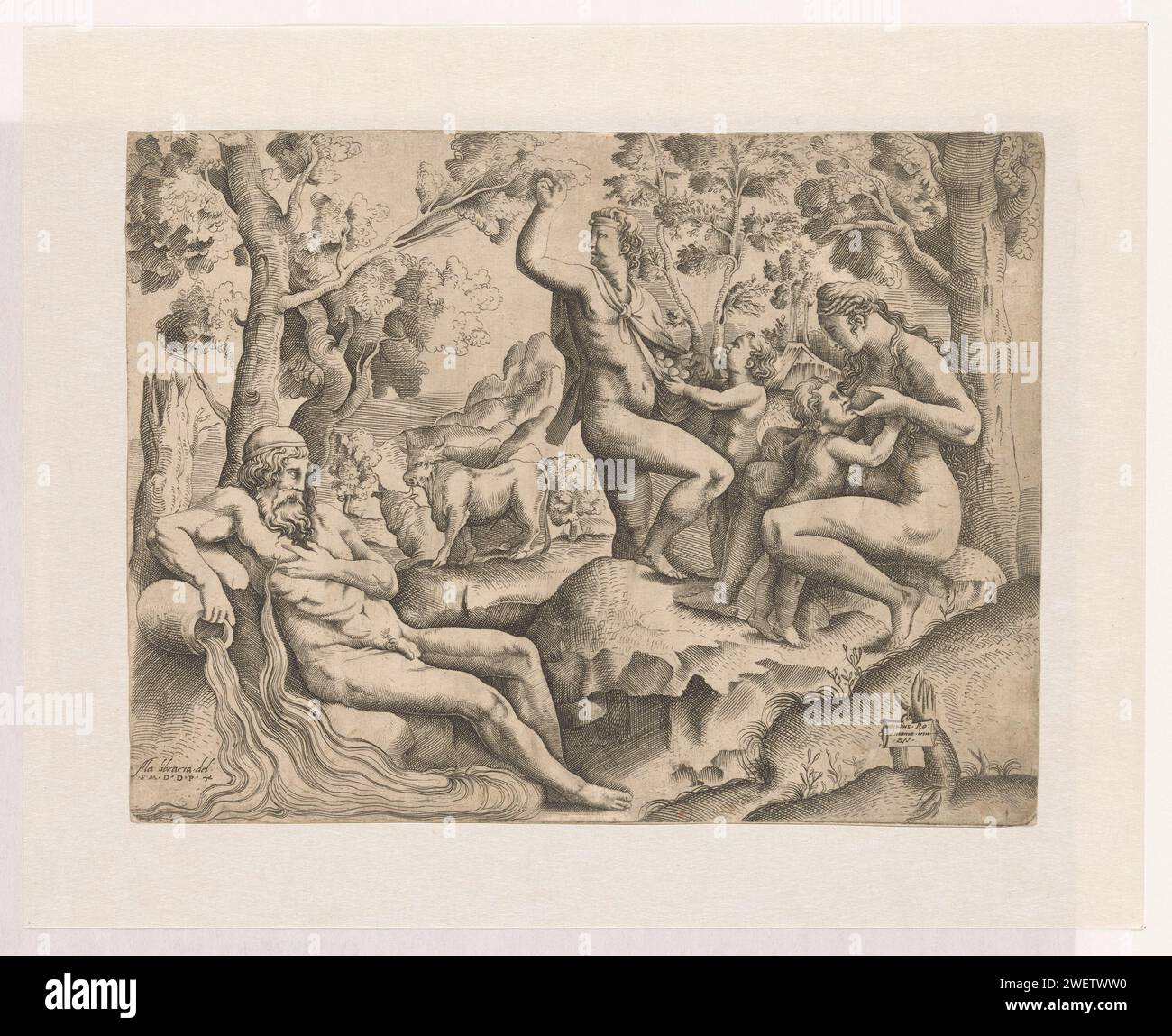 Goldenes Zeitalter, Monogrammist DW (Graveur), nach Battista Franco, nach Giulio Romano, ca. 1550 - ca. 1558 drucken die goldene Ära. Links ein Flussgott, der einen Fluss aus seinem Nippel springen lässt. Ein Mann, der Früchte von einem Baum pflückt. Rechts eine stillende Frau. Papiergravur Personifikation des Goldenen Zeitalters; „Age of Gold“ (Ripa) Stockfoto