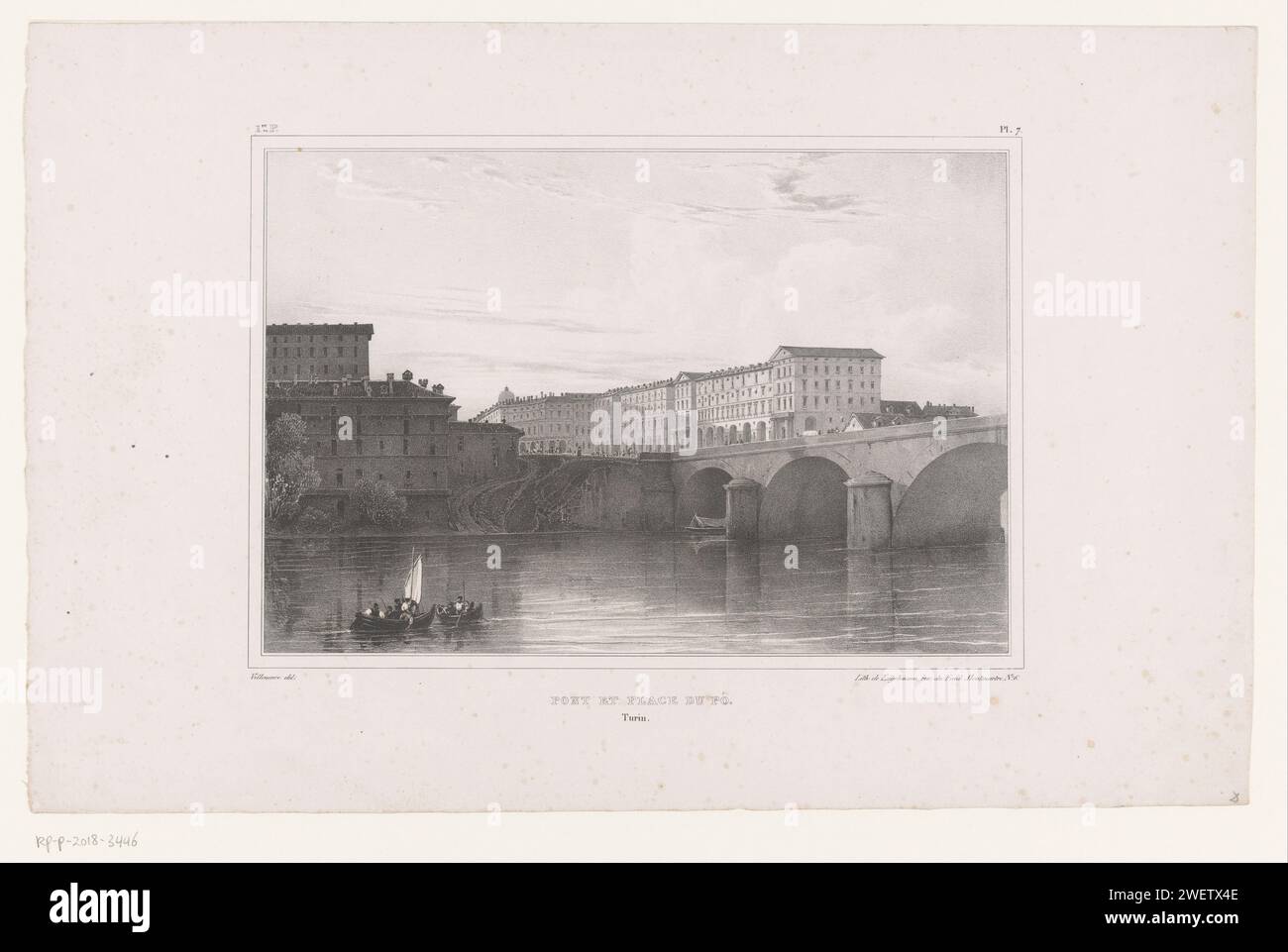 Blick auf die Ponte Vittorio Emanuele I und Piazza Vittorio Veneto in Turin, Louis Jules Fréderic Villeneuve, 1829 - 1839 Druck oben rechts: 7. Papierbrücke in der Stadt über Fluss, Kanal usw. Blick auf die Stadt und Landschaft mit künstlichen Bauten Turin Stockfoto