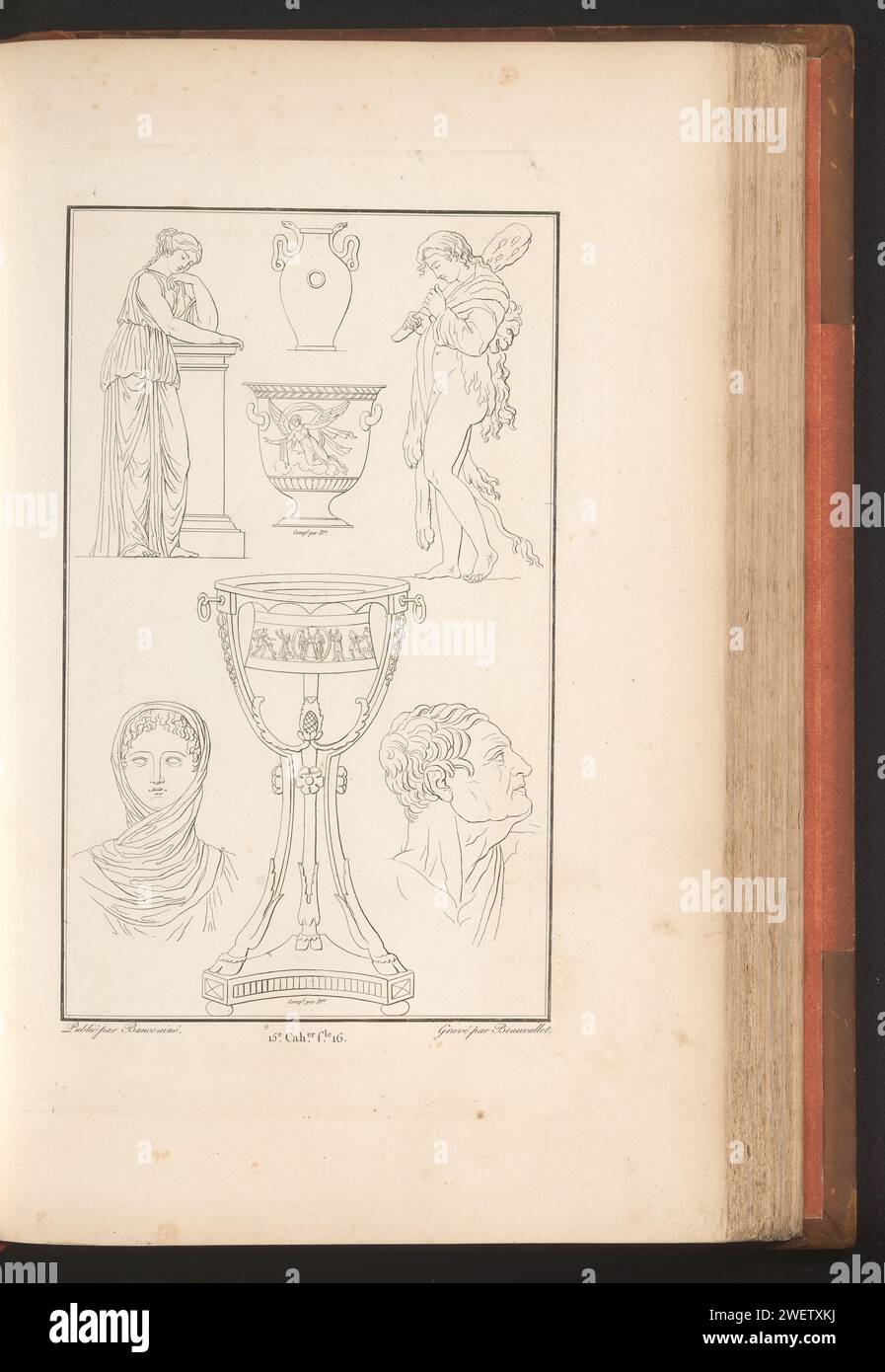 Verschiedene Ornamente, Pierre-Nicolas Beauvallet, 1820 Ornamentdruck mit einer Tasse und zwei Köpfen und andere verschiedene Ornamente. Teil (15. CAH. F.LE 16) des Prentalbums mit zwei Serien von insgesamt 138 Ornamentdrucken von Beauvallet und Normand, Fragmens d'Ortuens Dance le style antique. Papier-Ätzschmuck  Art. Tasse Stockfoto