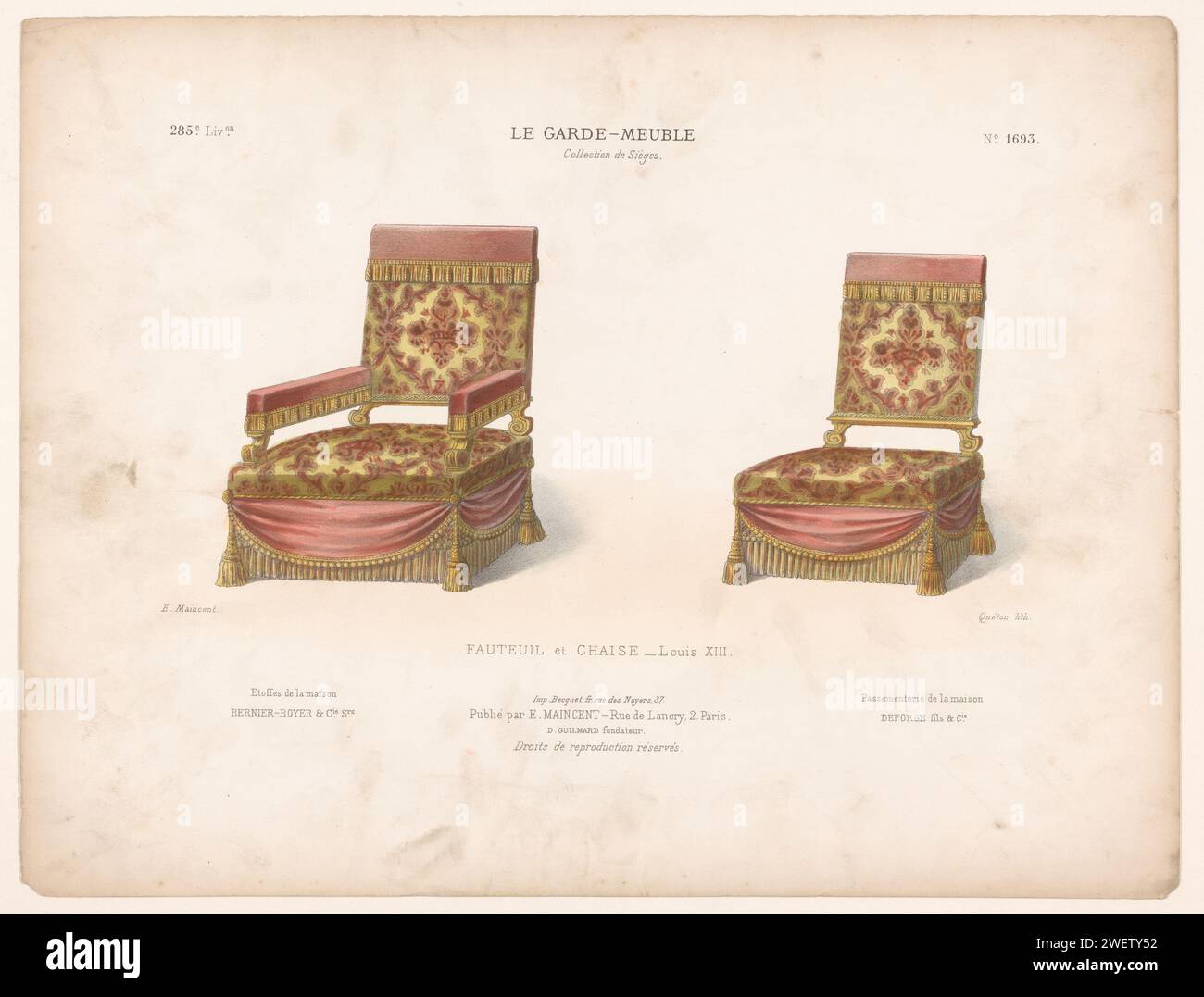Sessel und Stuhl, Quéton, Sessel und Stuhl im Stil Louis XIII. 1885 - 1895. Drucken Sie aus dem 285. Livraison. Papiermöbel Stockfoto