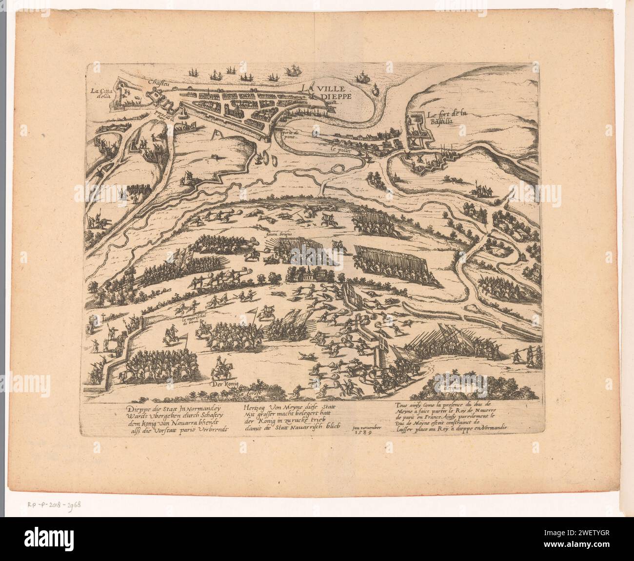Dieppe befreit von Hendrik IV., 1590, Frans Hogenberg (Werkstatt), 1590 Druck die belagerte Dieppe entlastet von Hendrik IV., 11. Februar 1590. Die Schlacht im Vordergrund, in der Ferne eine Karte der Stadt Dieppe in einer knappen Perspektive. Aktion zum Ausdruck vom November 1589. Mit 8 Zeilen auf Deutsch und 5 Zeilen auf Französisch. Nicht Nummeriert. Spiegelbild Kopie oder Wiederholung auf dem Druck von Hogenberg Papier ätzenden Kampf, kämpfend im Allgemeinen Dieppe Stockfoto