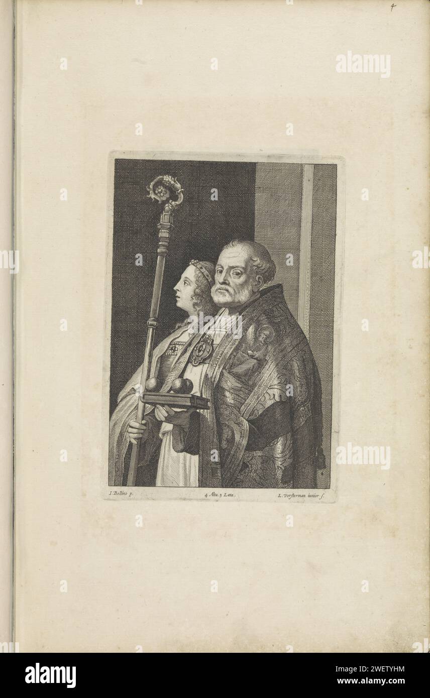 H. Nicolaas aus Myra und eine heilige, 1660 Druck der Heilige Nicolaas trägt ein Bischofsgewand. In seinen Händen ein Bischofsstab und ein Buch mit drei goldenen Kugeln. Neben ihm eine heilige, wahrscheinlich Anastasia aus Sirmium. Dieser Ausdruck ist Teil eines Albums. Papier, das den Bischof Nikolaus von Myra (oder Bari) ätzt; mögliche Attribute: Anker, Boot, drei goldene Kugeln (auf einem Buch), drei Geldbörsen, drei Kinder in einer Wanne, drei Mädchen Stockfoto