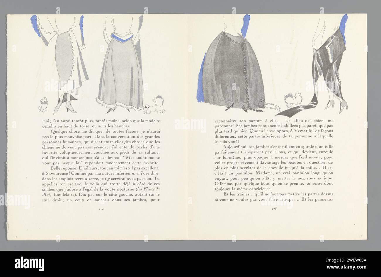 Gazette du Bon Ton, 1921 - No. 9, S. 274-275: Enklong Rokken, 1921 Doppelseite: Doléances d'on Amour de Petit Chien, Touchant La Déconcertante Variététététététététététété Jupes de Sa Maitresse. Text über die Variation der unteren Kanten von Kanten. Mit Abbildungen von vier verschiedenen knöchellangen Röcken. Hund nebenan. Papier Buchdruck, der Modeplatten druckt. Rock (+ Damenkleidung). Hund Stockfoto