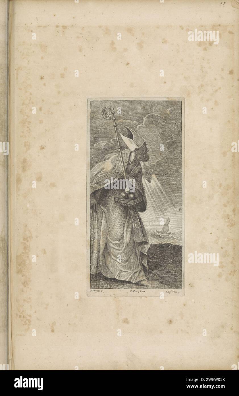 H. Nicolaas von Myra, 1660 drucken in seinen Händen ein Buch mit drei goldenen Kugeln und dem Stab des Bischofs. Im Hintergrund ein Schiff auf einem turbulenten Meer, das vom Heiligen Nikolaus beruhigt wurde. Dieser Ausdruck ist Teil eines Albums. Papierätzung St.. Nicholas, der von Seeleuten, deren Boot sinkt, aufgerufen wird, erscheint am Himmel und beruhigt die Wellen Stockfoto