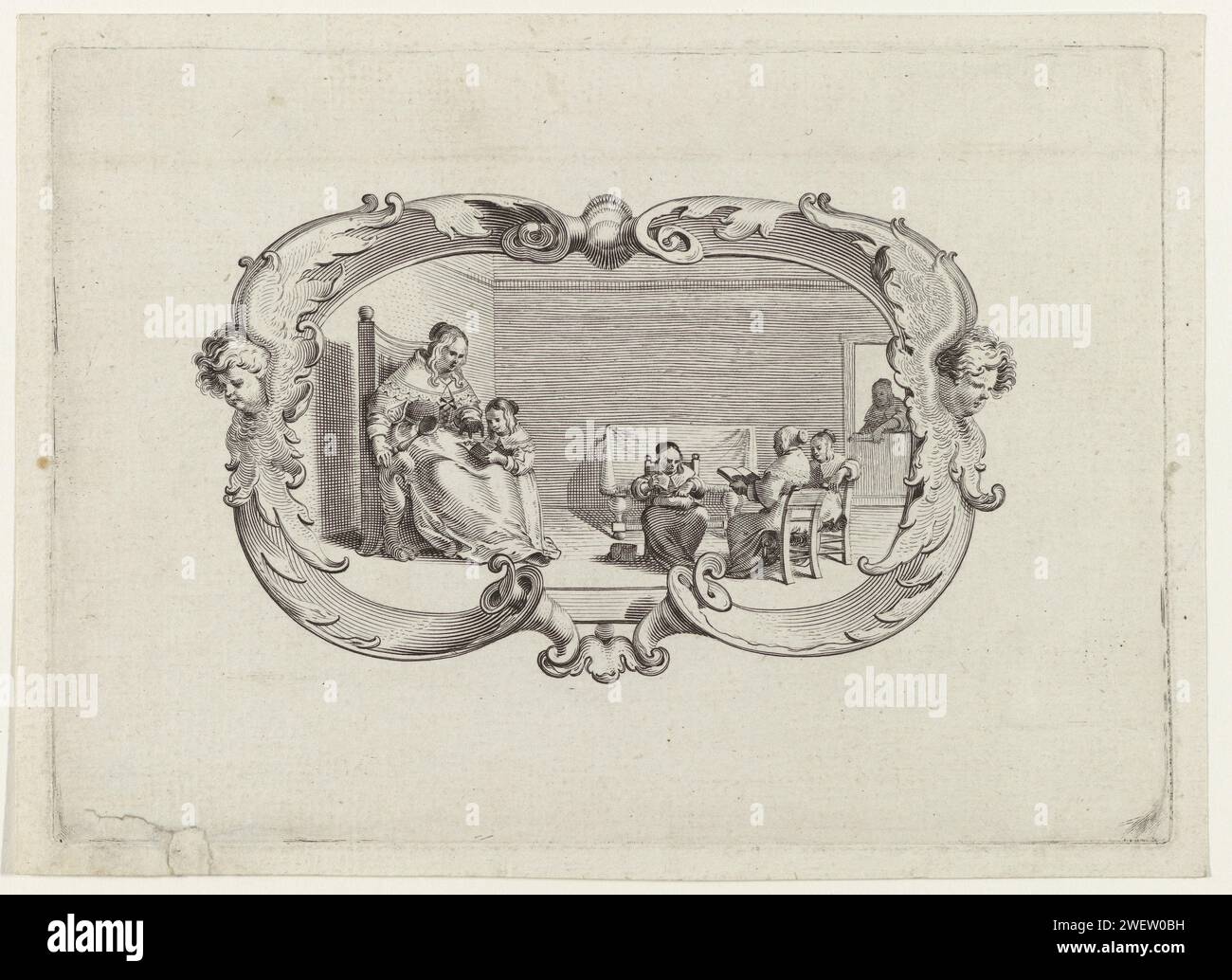 Cartouche mit Mädchenschule, ca. 1650 - ca. 1700 drucken vier Mädchen in einer Schulklasse mit Schulmeisterin, die in das Buch eines der Kinder zeigt. Sie hält ein Stück in der linken Hand. Im Hintergrund rechts betritt eine Frau den Raum. Die Szene ist von einer Kartusche mit einem Engelskopf auf der linken und rechten Seite umgeben. Papierstich Grundschule; Klasse, Form. Lehrer und Schüler. Ornament ~ Kartusche Stockfoto