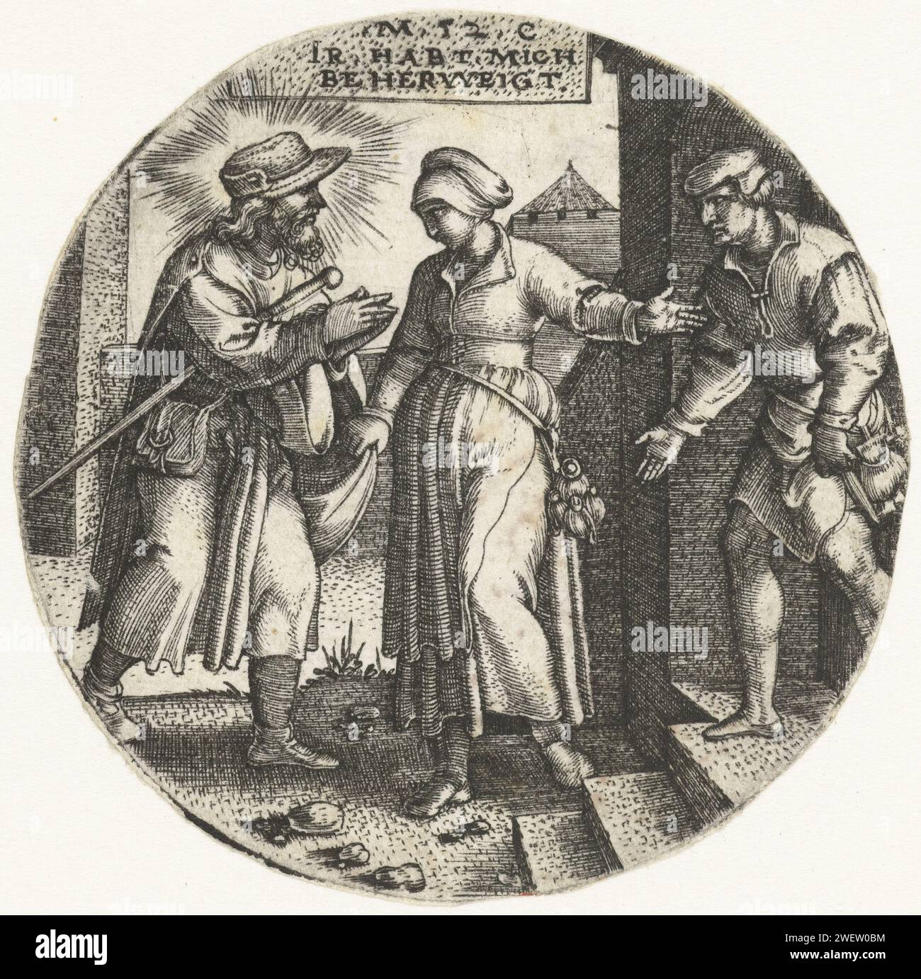 Christus ist als Fremder untergebracht, Georg Pencz, 1534 Druck Christus wird als reisender Ausländer oder Pilger willkommen geheißen (Matthäus 25:35). Papiergravur für Fremde, 'hospes colligitur'  eine der (sieben) Akte der Barmherzigkeit Stockfoto