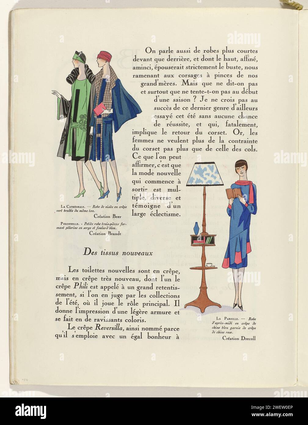 Kunst - Geschmack - Schönheit, weibliche Eleganz Blätter, Februar 1926, Nr. 66, 6. Jahr, S. 10, Charles Goy, Zeitschrift 1926 oben links: ein Geschäftskleid aus gesticktem grünen Krepp, aus Bier. Robe Trois-Pièces Formant Pelerine von Serge und Blue Foulard, Van Brandt. Unten rechts: Nachmittagskleid aus blauem Crepe de Chine garniert mit rosa Crepe de Chine, von DRECOLL. Seite aus dem Modemagazin Art-Goût-Beauté (1920-1933). Papierteller. Kleid, Kleid: Tageskleid (+ Damenkleidung). Kleid, Kleid (NACHMITTAGSKLEID) (+ Damenkleidung). Kleid, Kleid (BESUCHSKLEID) (+ Damenkleidung). E Stockfoto
