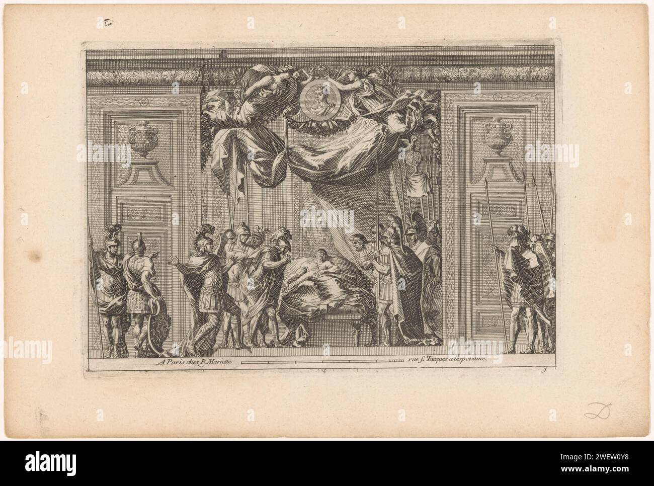 Alkoof mit sterbendem Germanicus, Jean Lepautre, 1657 - 1716 Druck Alkoof mit Germanicus liegend auf einem Bett mit Vorhängen und Engel mit Lorbeerkranz darüber. Da sind traurige Soldaten in der Nähe. Unter 3 nummeriert. Der Tod von Germanicus Cäsar liegt auf seinem Sterbebett, seine Frau Agrippina trauert an seinem Bett und seine Freunde schwören, seinen Tod zu rächen Stockfoto