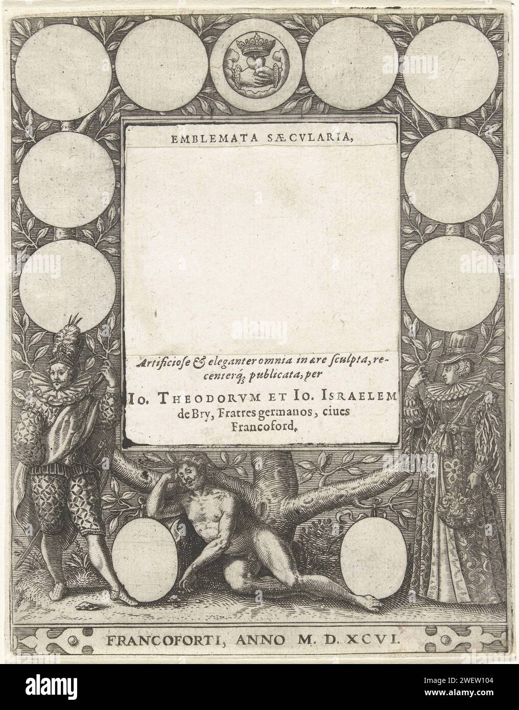 Titelpagina voor Ornilemata, 1596, Johann de Bry, 1596 drucken Titelseite des Albums Amicorum 'Emblemata Saecularia ...' Herausgegeben von Johan Theodoor und Johan Israel de Bry im Jahr 1596. Nur Emblemata Saecularia kann aus dem Titel gelesen werden; der Rest des Textfeldes wird aus dem Rahmen ausgeschnitten, für den ein leeres Stück Papier an seiner Stelle festklebt. Unten in der Mitte ist der schlafende Adam. Hinter seinem Rücken erhebt sich ein Baum (sein Stammbaum) mit zwei dicken Ästen; in den Ästen befinden sich 8 leere runde Medaillons. Das Medaillon oben enthält zwei ineinander greifende Hände, ein Herz und eine Krone (Symbol) Stockfoto