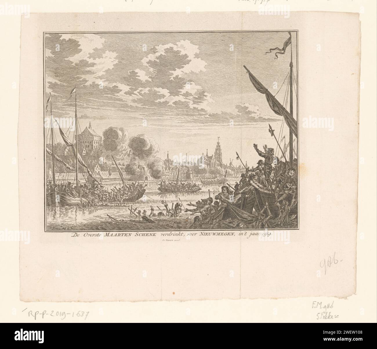 Angriff von Maarten Schenck auf Nijmegen, 1589, Simon Fokke, 1752 Print Fehlgeschlagen Angriff von Truppen unter Maarten Schenck auf die Stadt Nijmegen, 10. August 1589. Episode aus dem Keulse-Krieg. Auf der Flucht aus der Stadt ertrinkt Schenck in der Waal. Papierätzung ertrinkend, Schiffbrüchiger. (Militär) Angriff auf Nijmegen Stockfoto