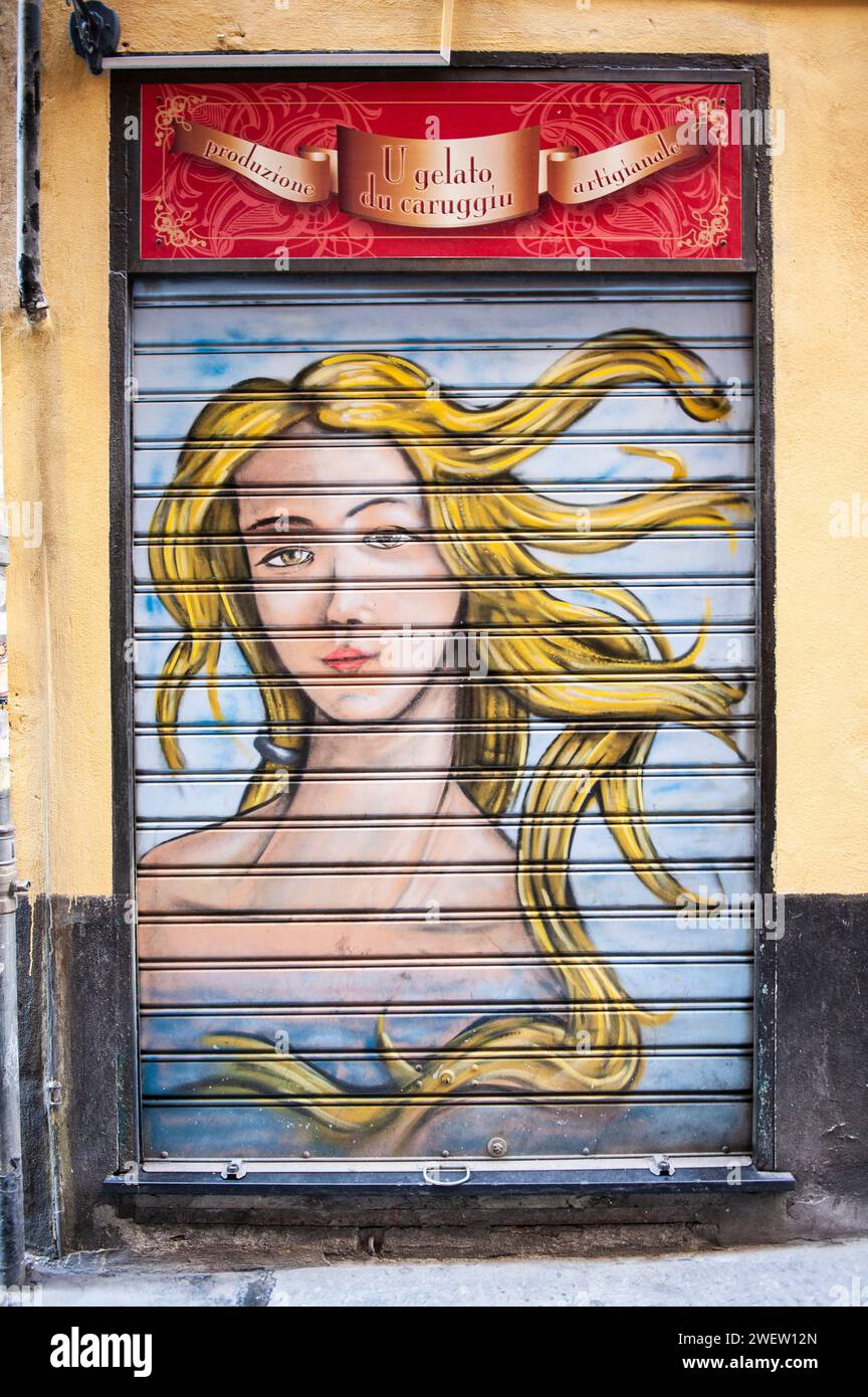 Die Geburt der Venus durch Botticelli als Straßenkunst in Genua, Ligurien, Italien Stockfoto