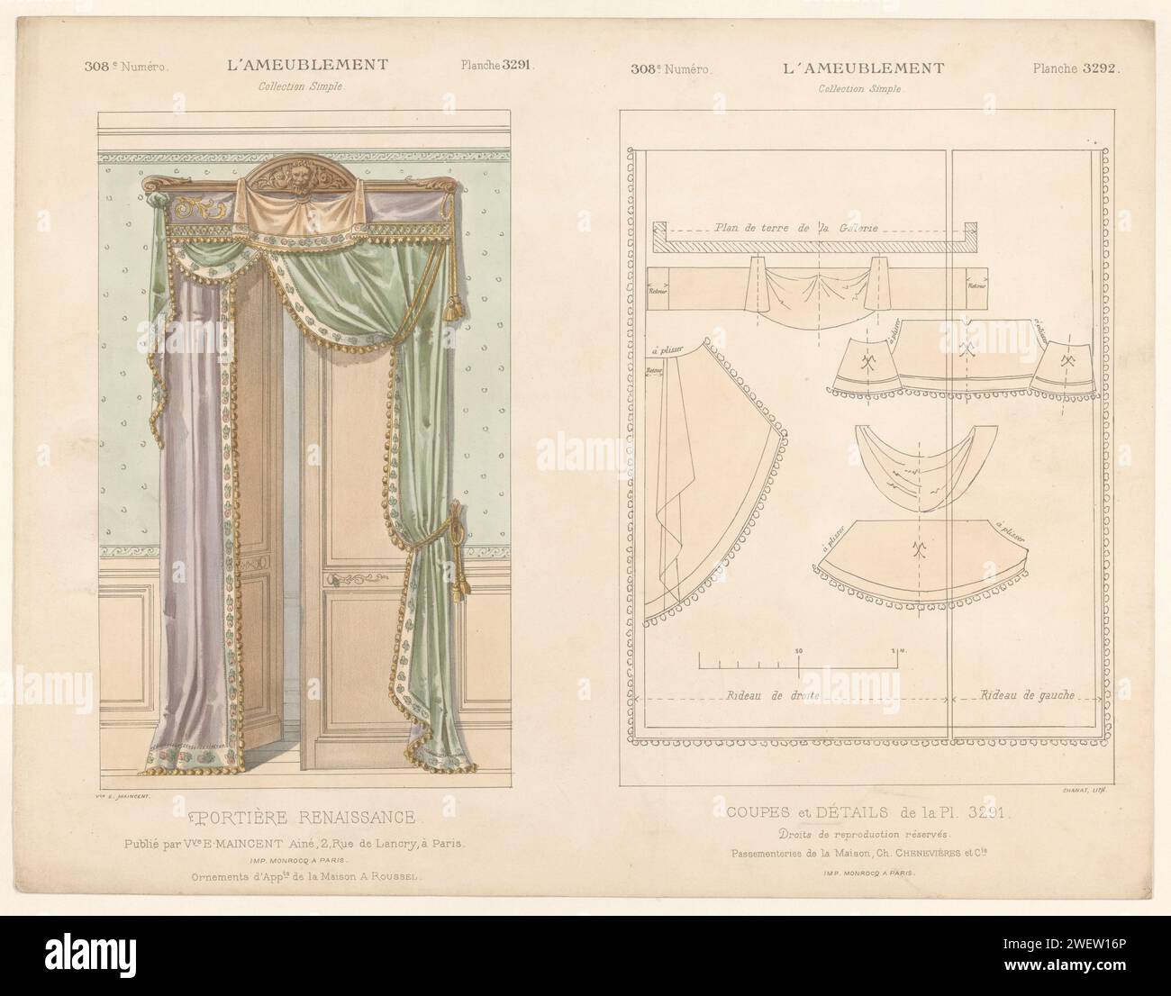 Tür mit Vorhängen, Chanat, 1895 Druck Eine Renaissance-Tür mit drapierten Vorhängen. Richtige Details der Vorhänge. Drucken Sie aus dem 308. Livraison. Papierklappe. Vorhänge und Vorhänge Stockfoto