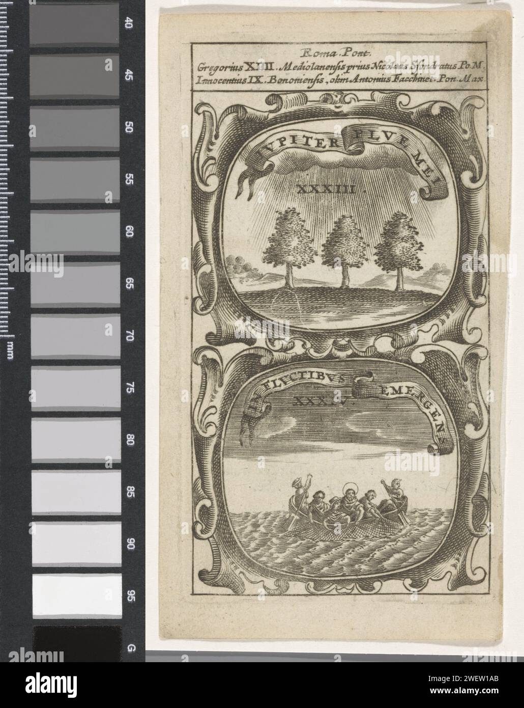 Drei Bäume im Regen / wunderbares Angeln, Anonym, nach Aegidius Sadeler (II), 1666 drucken ein Emblem mit zwei Aufführungen. Über drei Bäumen im Regen. Unter den wunderbaren Angelmöglichkeiten. Das sind die Fremdheit von Papst Gregorius XIV. Und Innozenz IX. Papiergravur/Buchdruck von Bäumen. Der wundersame Fischzug (vor der Auferstehung) auf dem See von Gennesaret (See von Galiläa); Jakobus und Johannes helfen, die Netze einzubringen (Lukas 5,1-11) Stockfoto
