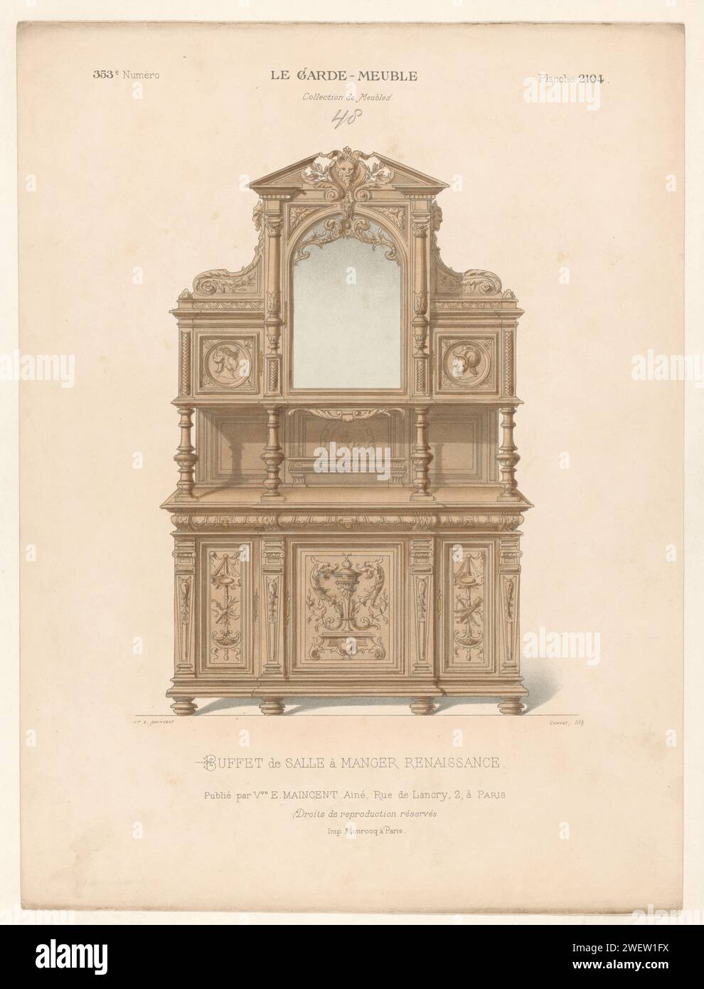 Buffet-Schrank, Chanat, 1895 - 1935 Druck Ein Renaissance-Buffet-Schrank, der für einen Speisesaal bestimmt ist. Drucken Sie von der 353. Nummer (Livraison). Papiermöbel zur Aufbewahrung Stockfoto