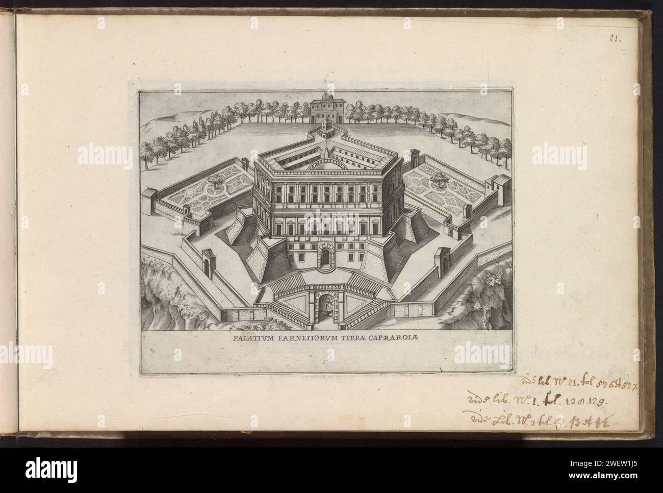 Gezicht op Villa Farnese Te Caprarola, Giacomo Lauro, 1638 Print Print ist Teil eines Albums. Villa mit Papierätzung Farnese Stockfoto