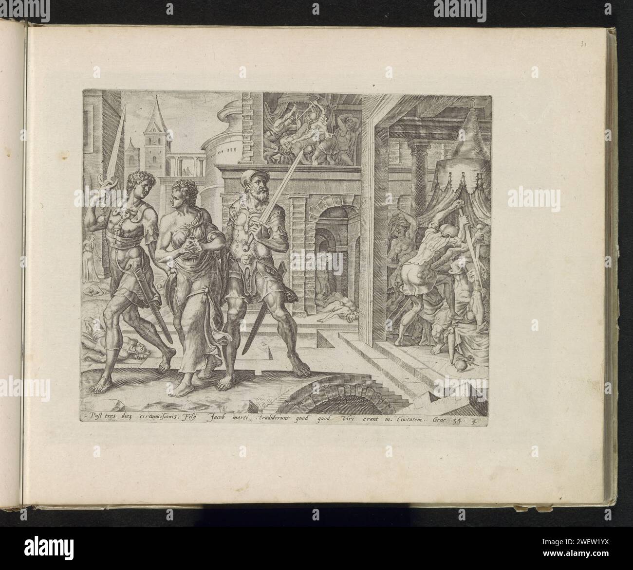 Simeon und Levi nehmen Dina nach Hause, Harmen Jansz Muller, nachdem Maarten van Heemskerck, 1585 gedruckt hatte Simeon und Levi ihre Schwester Dina nach Hause nehmen, nachdem sie sich in SiChem rächen, die ihre Schwester beschrieben hatte. Im Hintergrund waren die SiChem-Brüder und seine Männer, die nach ihrer Beschneidung fieberhaft waren und sich nicht wehren konnten. Am unteren Rand ist ein lateinischer Hinweis auf den Bibeltext in Gen. 34. Dieser Ausdruck ist Teil eines Albums. Die Papierstiche Simeon und Levi töten alle Schechemiten und bringen Dinah nach Hause, während die anderen Brüder die Stadt plündern Stockfoto