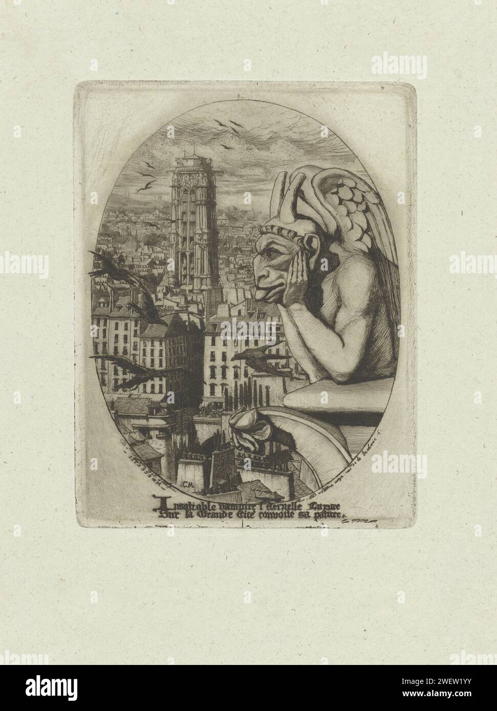 Bild des Vampiers als Wasserjuwel auf dem Turm von Notre Dame und Blick über Paris, Charles Meryon, 1853 Druck Bild des Vampirs, der sich als Wasserpfeifer über den Rand des oberen Balkons eines der Türme von Notre Dame lehnt. Der Künstler hat sich für einen ovalen Ausschnitt entschieden, mit diesem Fragment der Kirche rechts und links einen Blick auf Paris mit schwarzen Krähen, die im Blickfeld vorbeifliegen. Unter der Show ist ein Vers in zwei Zeilen von Instillable Vampire L’Enennelle ... zu sehen Convoite Sa Pâture. Papierätzkirche (außen). Metamorphosierte Menschen. Aussicht auf die Stadt, Stadtpanorama, Silhouette von ci Stockfoto