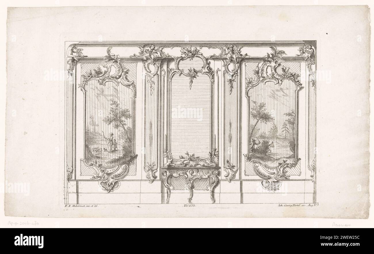 Wandindeling traf Panelen, Anonym, nach Franz Xaver Habermann, 1748–1753 Druck Wandlayout mit zwei Tafeln mit Pastoralszenen, mit Rocaillerahmen. Im Vordergrund ein mit Rocailles verzierter Tisch. Veröffentlichungsnummer 135. Papierätzung / Gravur Rocaille Ornament. Verkleidungen Stockfoto