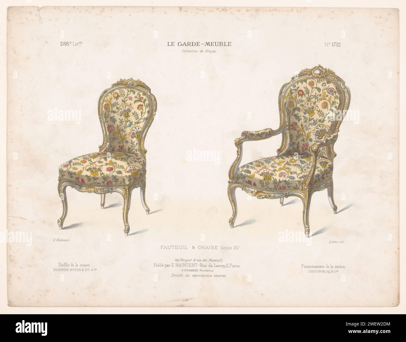 Sessel und Stuhl, Quéton, 1885 - 1895 Druck Sessel und Stuhl im Louis XV Stil. Drucken Sie aus dem 288. Livraison. Papiermöbel Stockfoto