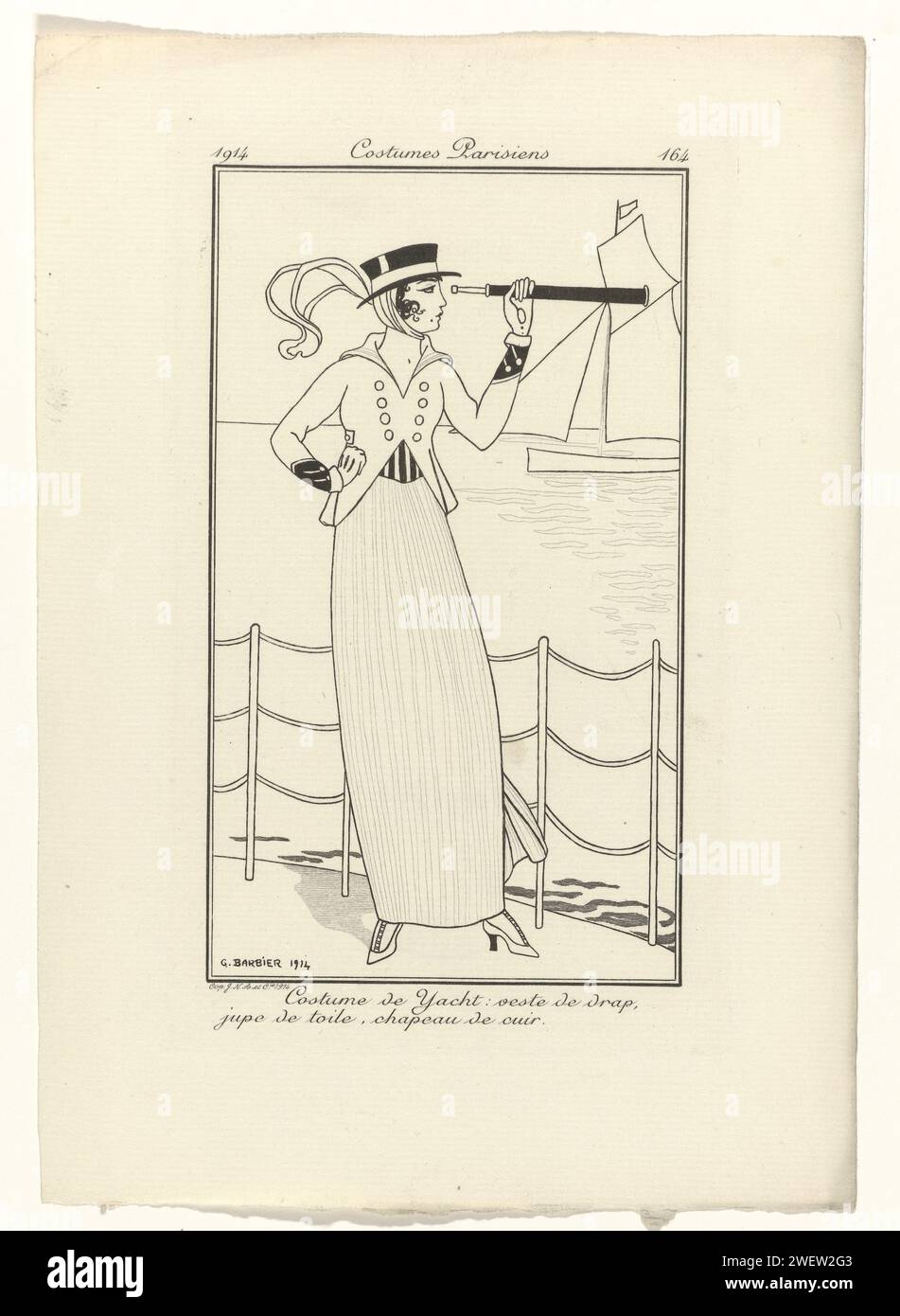 Journal of Ladies and Fashion, Pariser Kostüme, 1914, Nr. 164: Yachtkostüm (...), 1914 Frau in einem Kostüm für ein Vergnügungsgewerbe: Jacke von Laeken auf einem Rock aus gestreifter Leinwand. Ledermütze. Fernglas in der Hand. Ein Segelschiff im Hintergrund. Proef Pressure eines Druckes aus dem Modemagazin Journal des Dames et des Modes (1912-1914). Papiergravur von Modetafeln. Segeln (Sport) (+ Ausrüstung, Ausrüstung (Sport, Spiele usw.)). Rock (+ Damenkleidung). Kopfbedeckung: Hut (+ Damenbekleidung). Kopfbedeckung: Hut (+ Leder für Kleidung). Mantel (+ Damenkleidung). Ferngläser, Spionageglas usw. Stockfoto