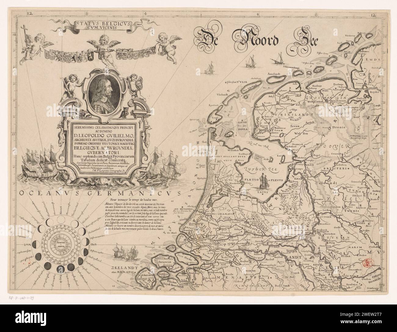 Karte der nördlichen Niederlande, 1647 - 1656 Druck oben links Cartouche mit Titel, einschließlich drei Putten, die die Waffen der siebzehn Provinzen tragen. Dazu gehört eine Kartusche mit Porträt von Erzherzog Leopold Willem van Austria (Gouverneur der südlichen Niederlande) und ein lateinischer Text, in dem ihm die Karte gewidmet ist. Unten links eine Windrose mit Windrichtungen auf Niederländisch. Außerdem eine französischsprachige Erklärung über die Zeitberechnung auf See. Eine Gradverteilung entlang der linken, oberen und rechten Seite. Papiergravur/Ätzen von Karten von verschiedenen Ländern oder Regionen. Stockfoto