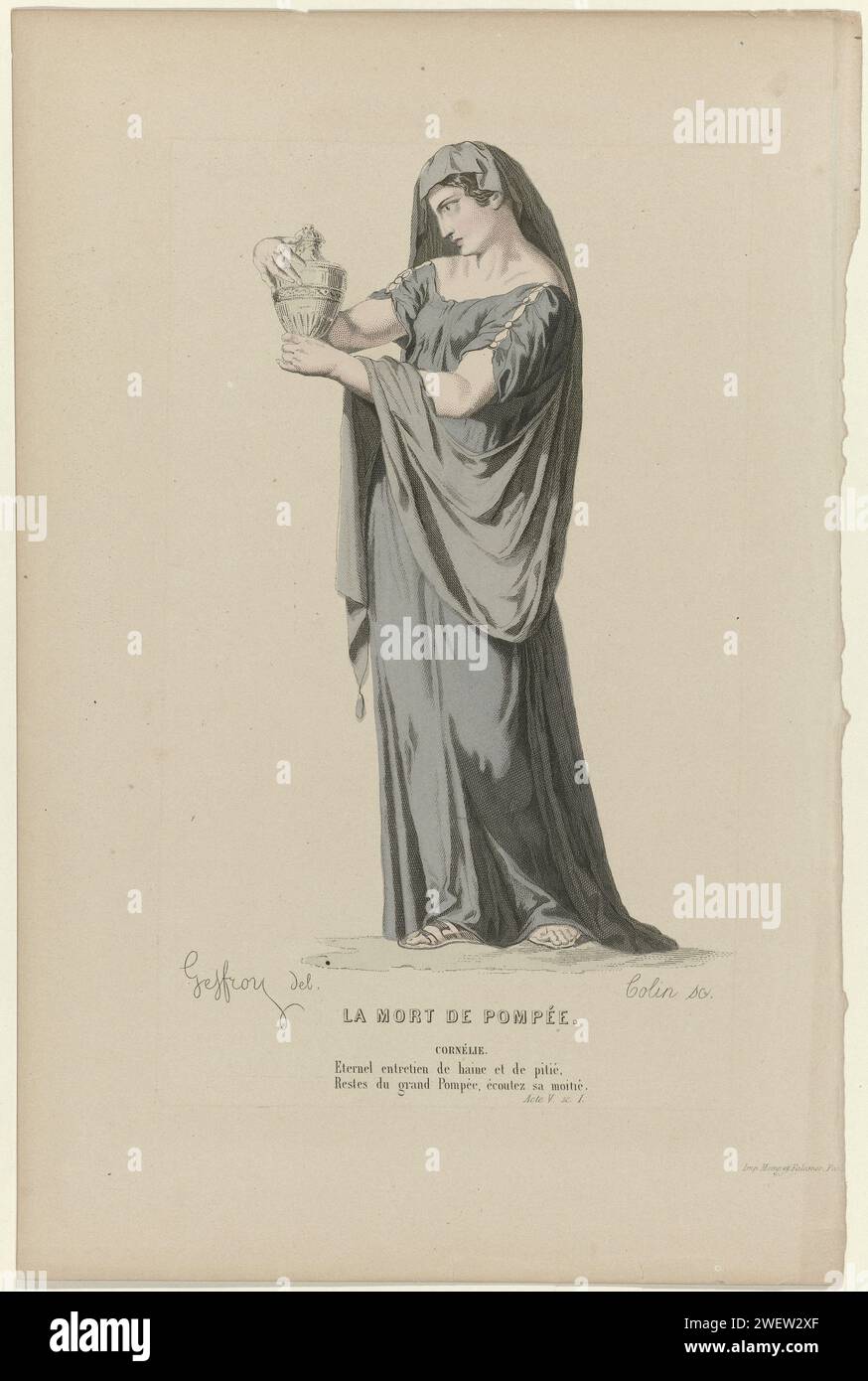 Der Tod von Pompey, 1852, 1852 Theaterkostüm für die Rolle der Cornélie in der Tragödie La Mort de Pompée, geschrieben von Pierre Corneille im Jahr 1643. Urne in den Händen. Zwei Textzeilen aus der fünften Urkunde, Szene eins. Papiergravur von Modetafeln. Schauspielerin (auf der Bühne). Kleid, Kleid (+ Damenkleidung). Schuhe, Sandalen (+ Damenkleidung). Schleier (+ Damenkleidung). Urn. Weibliche Personen aus der klassischen Geschichte (+ aus römischer Geschichte) Stockfoto
